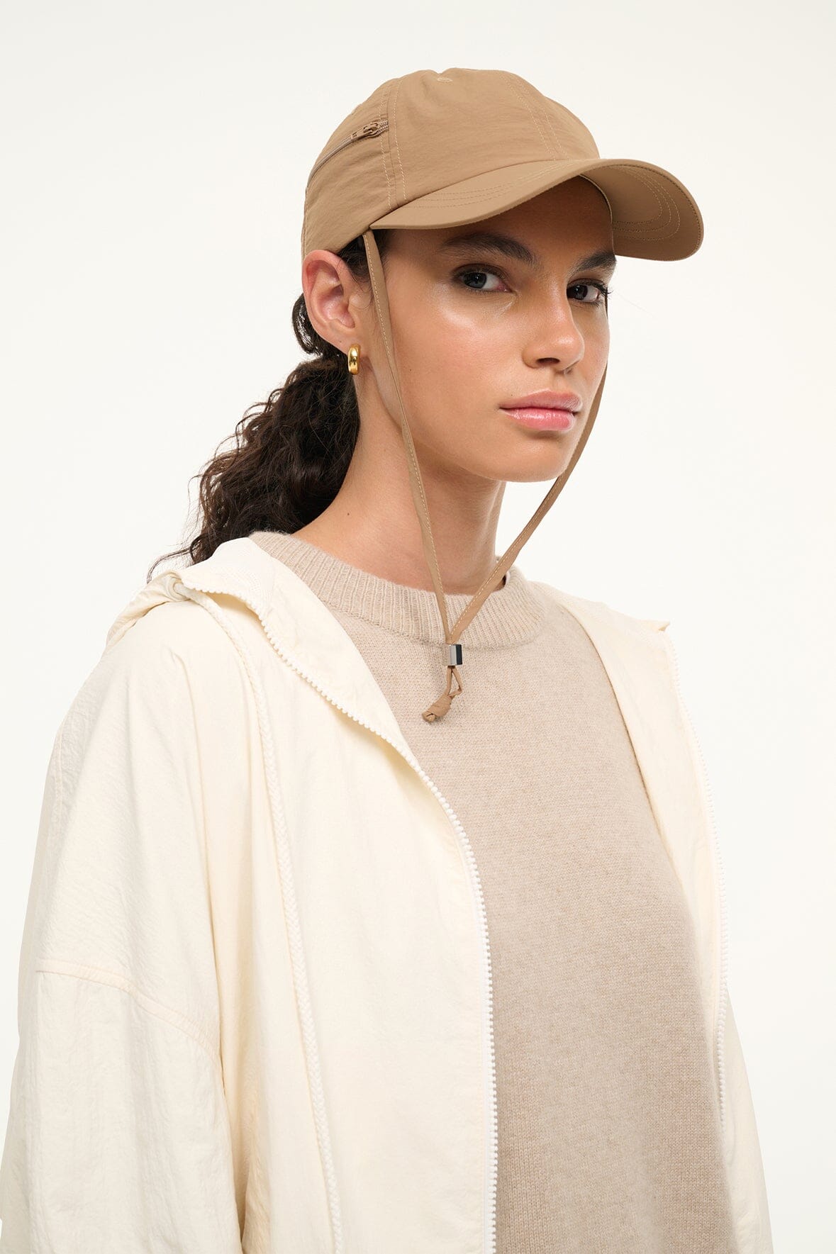 Paulie Adjustable Nylon Baseball Cap with Zip Pocket - Camel