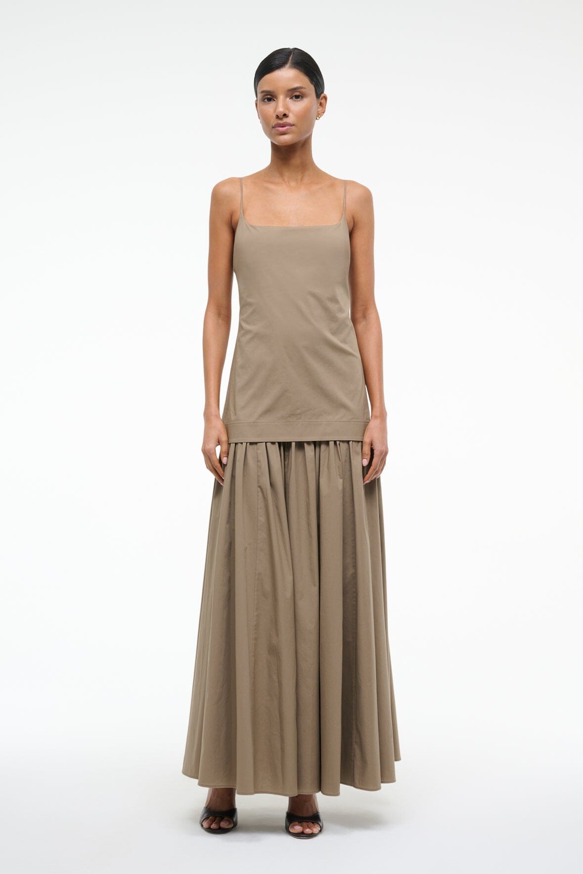 Ari Drop Waist Dress in Taupe with Gathered Poplin Skirt