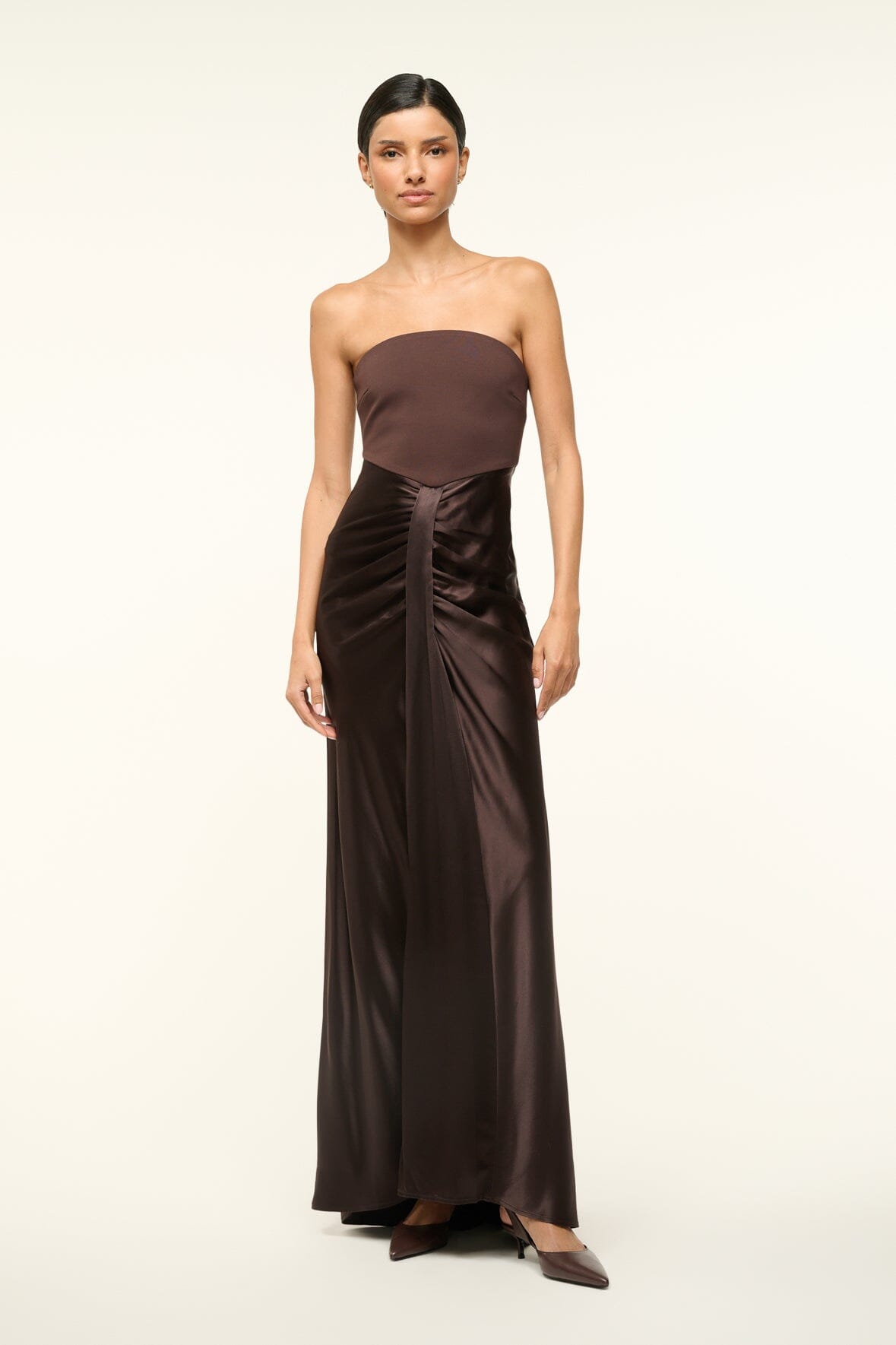 Wayfaring Strapless Evening Gown in Dark Chocolate with Ruched Satin Skirt