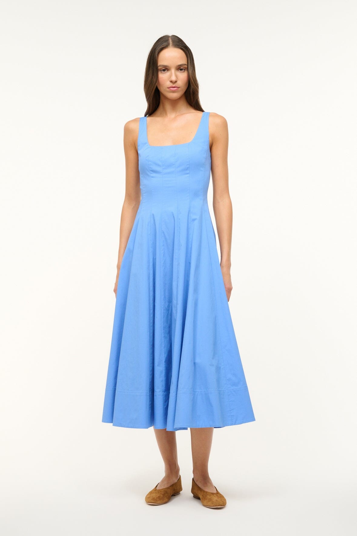 Wells Corset Waist Cotton Poplin Dress in Cornflower Blue
