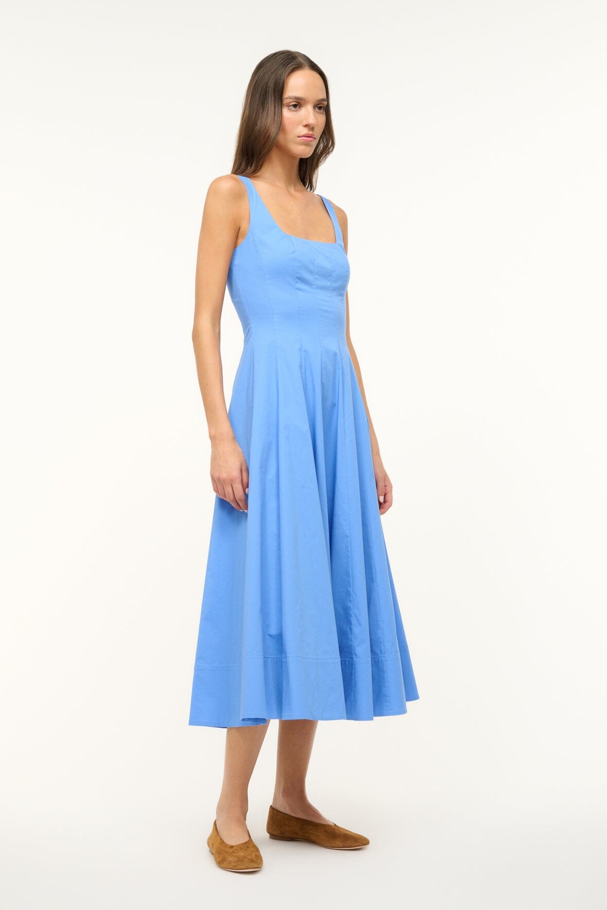 Wells Corset Waist Cotton Poplin Dress in Cornflower Blue