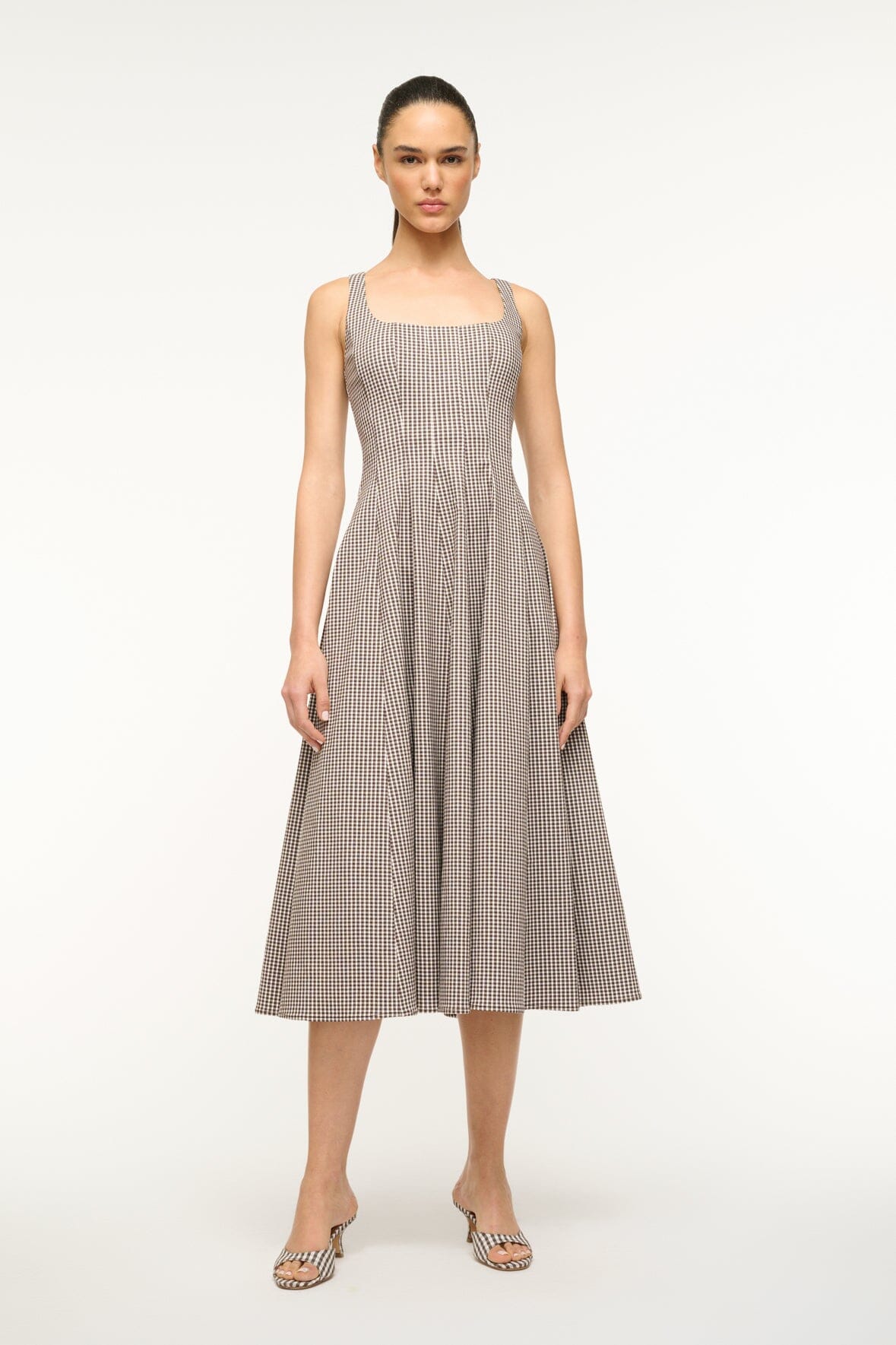 Wells Corset Dress in Dark Chocolate Gingham - Flattering Knee-Length Skirt