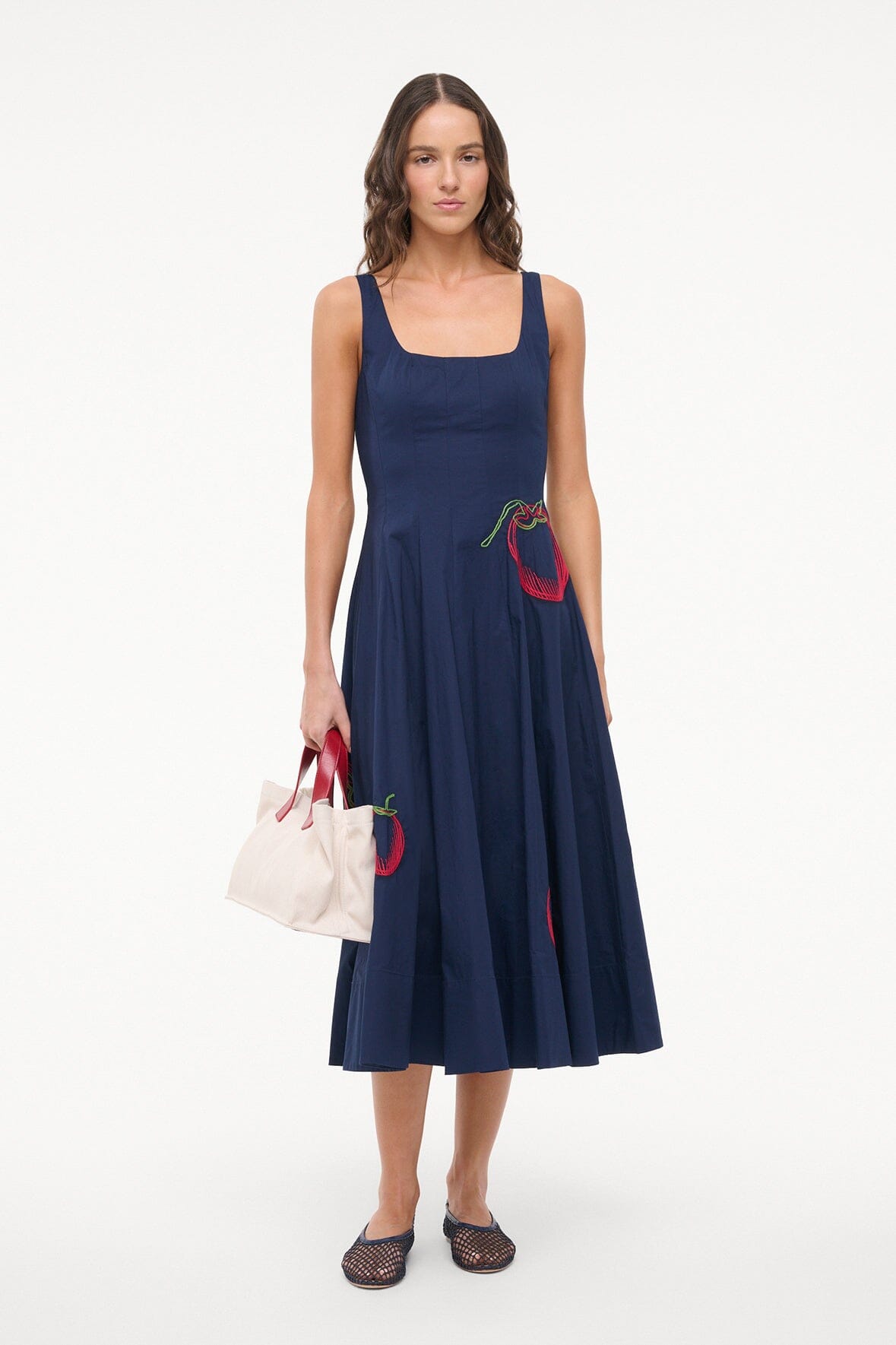 Wells Navy Roma Cotton Poplin Dress with Embroidered Tomato Motif