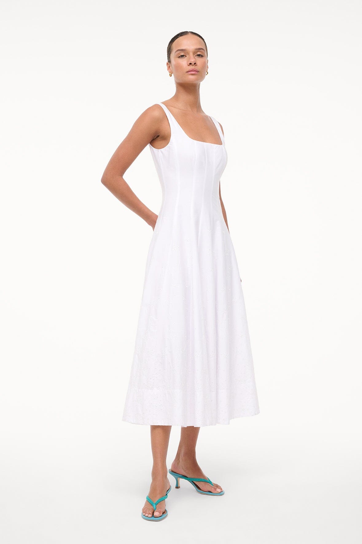 Wells White Embroidered Cotton Poplin Dress with Corset Bodice