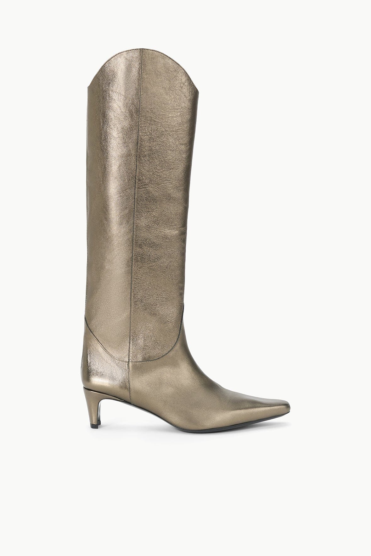 Western Wally Boot in Aged Bronze with Pointed Toe & Blade Heel