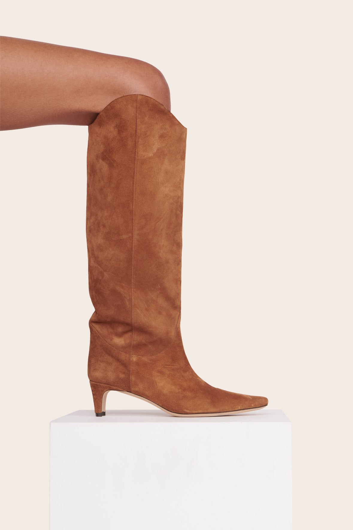 Western Wally Boot in Tan Suede with Pointed Toe & Blade Heel