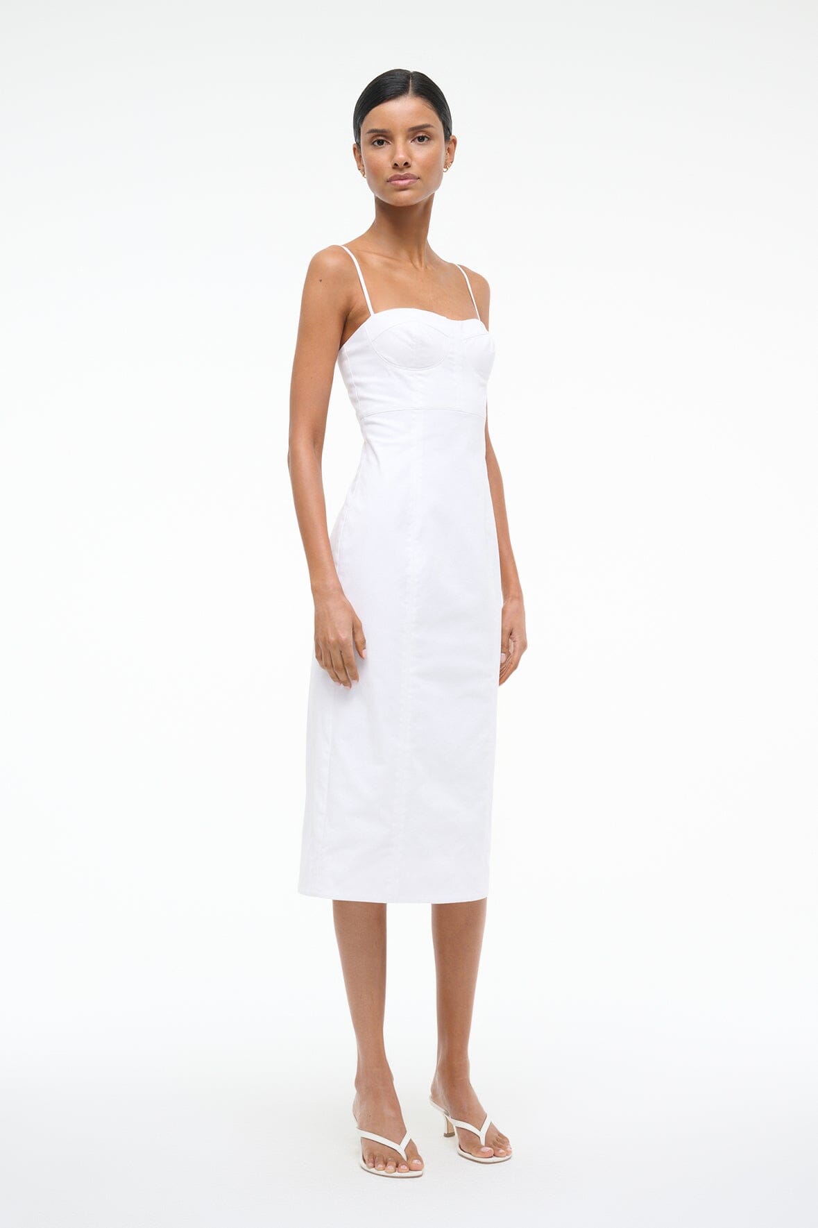 Whitney White Midi Dress with Adjustable Spaghetti Straps