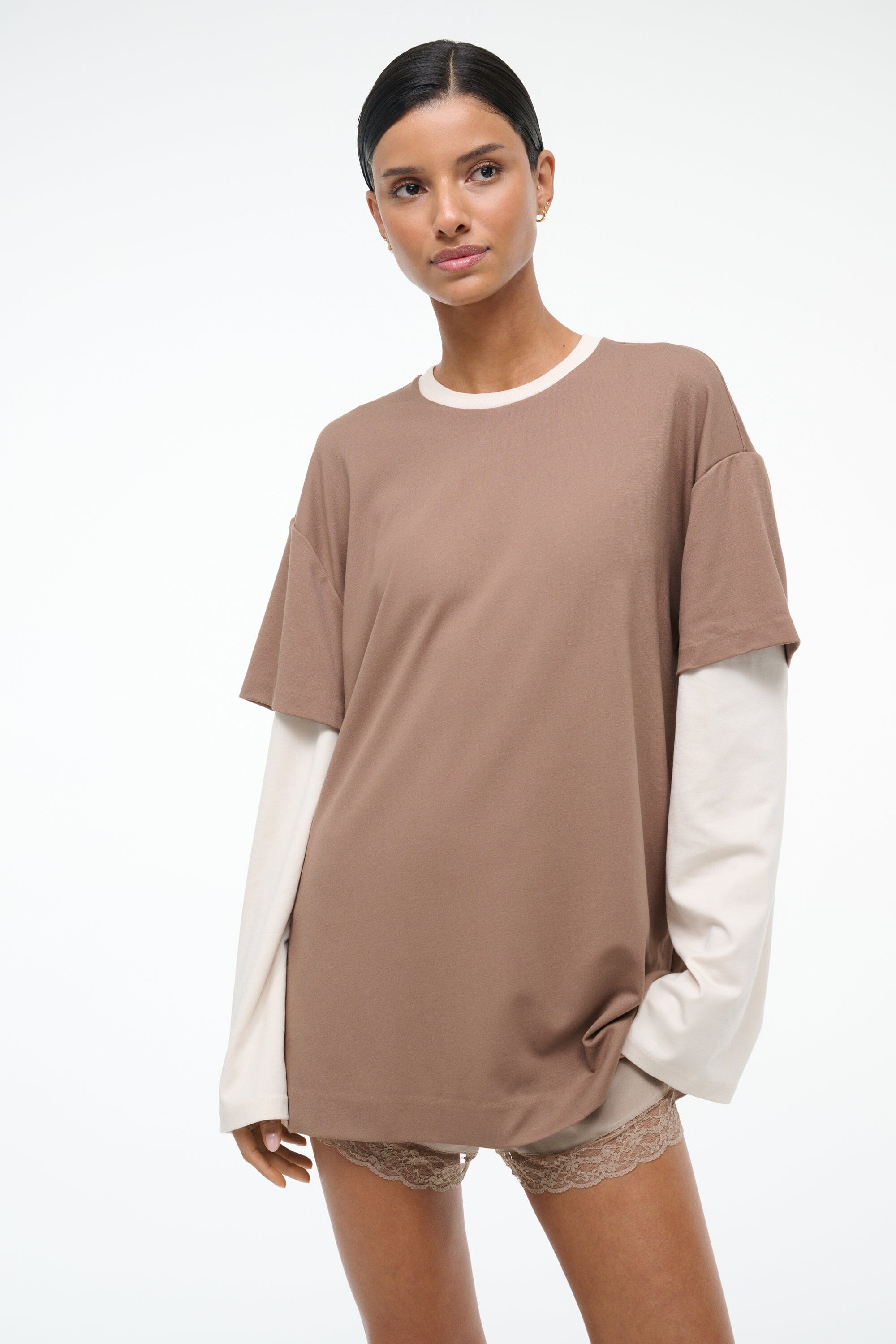 William Tee - Oversized Long Sleeve Top in Taupe & Ecru