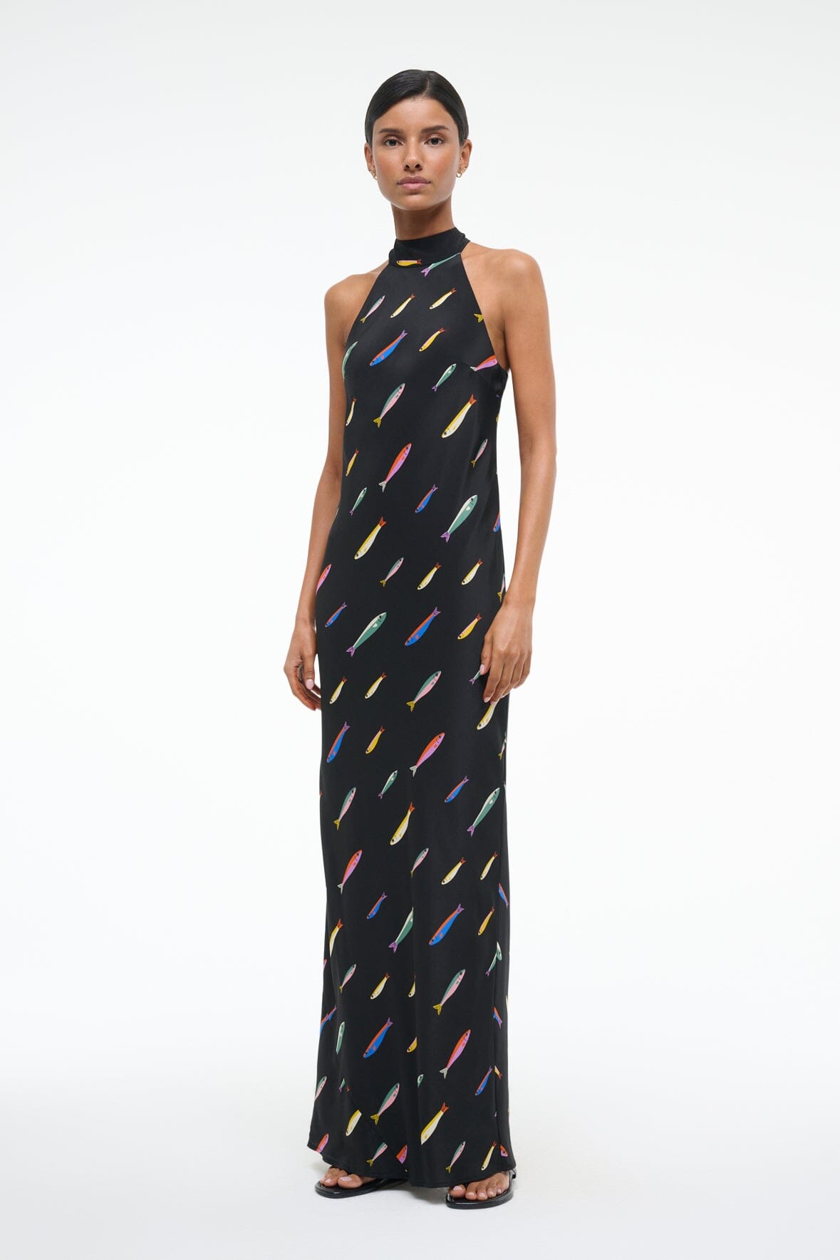 Winnie Silk Halter Neck Maxi Dress with Back Slit - Pop Sardines Black