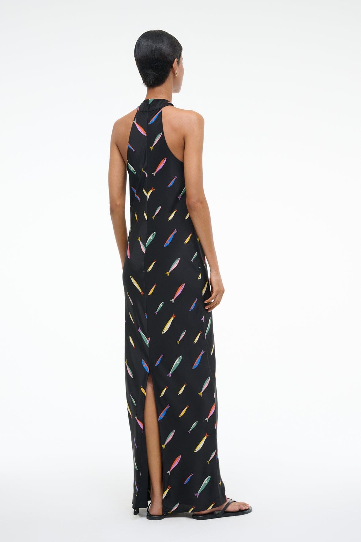 Winnie Silk Halter Neck Maxi Dress with Back Slit - Pop Sardines Black