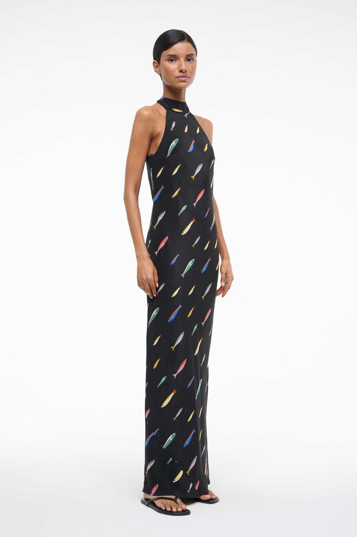 Winnie Silk Halter Neck Maxi Dress with Back Slit - Pop Sardines Black