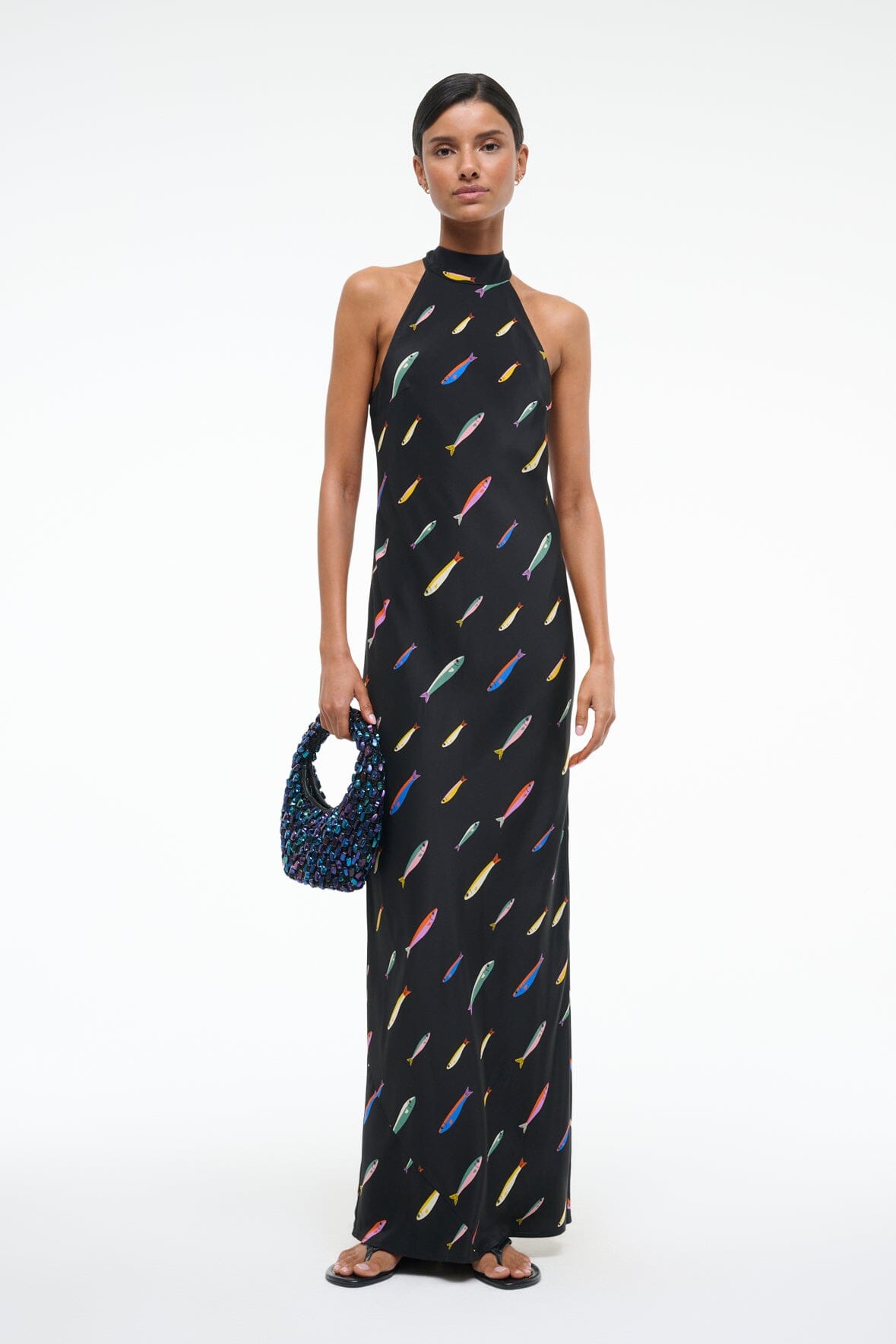 Winnie Silk Halter Neck Maxi Dress with Back Slit - Pop Sardines Black