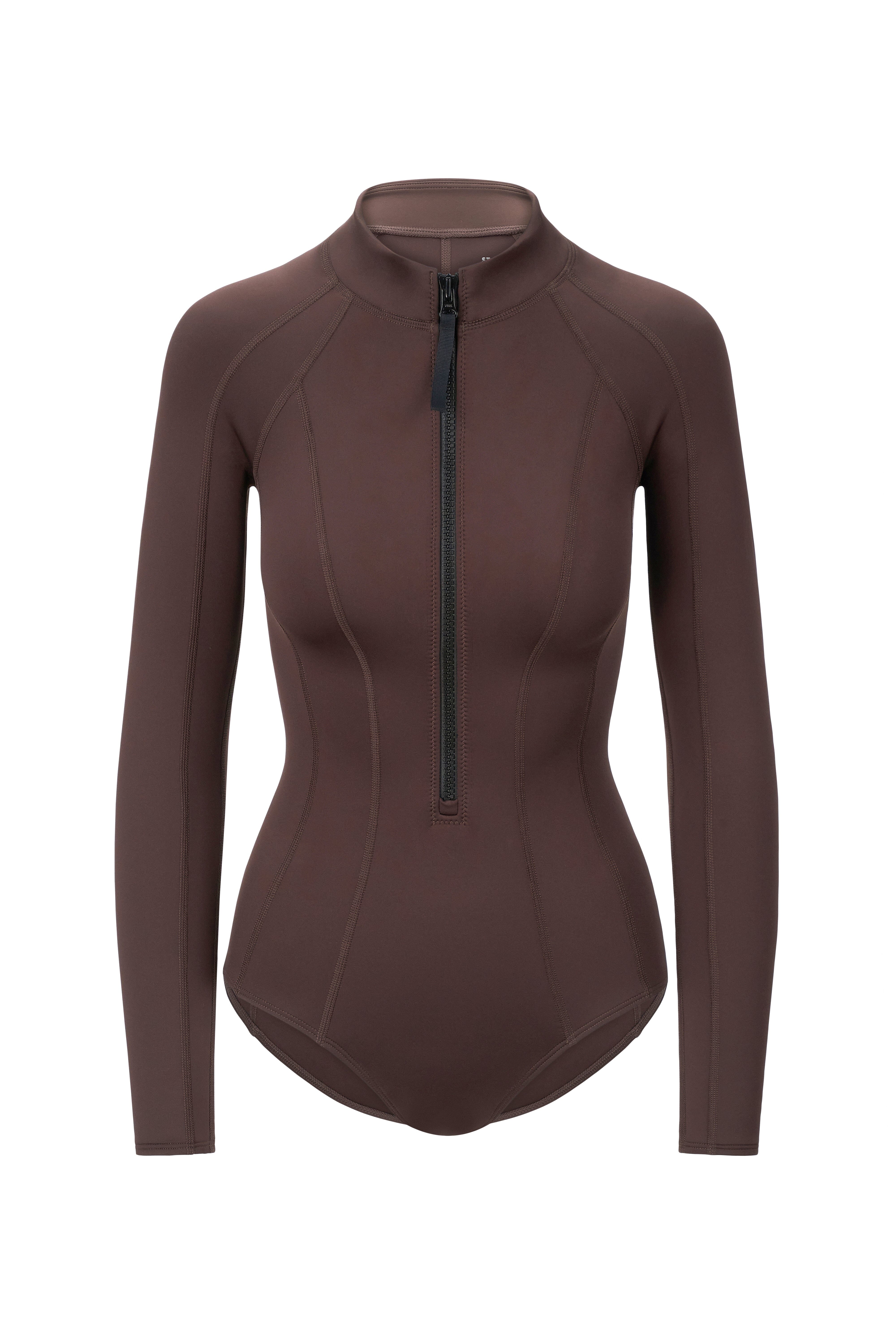 Wipeout Dark Chocolate Long Sleeve Rash Guard with Front Zip
