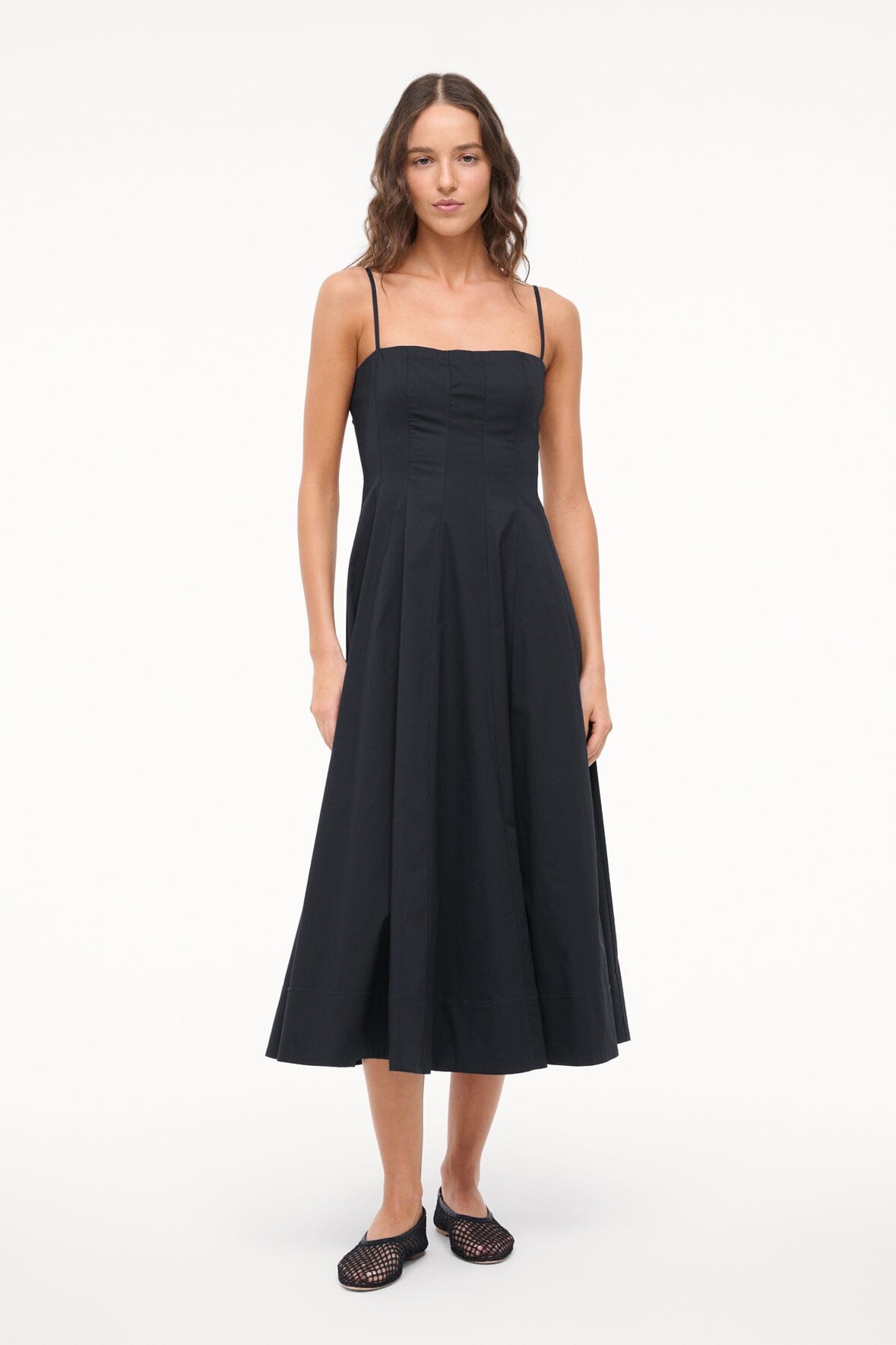 Wylie Black Cotton Poplin Midi Dress with Corset Panel