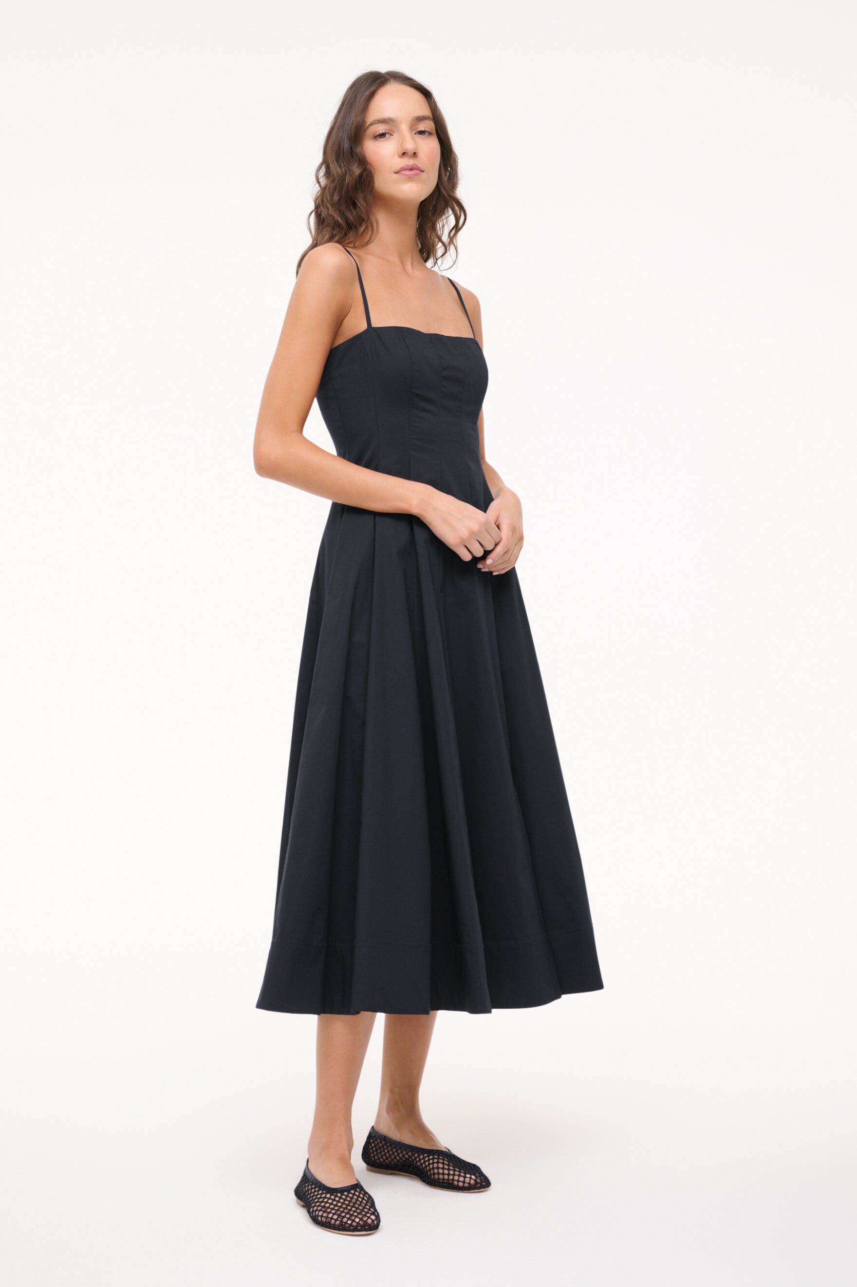 Wylie Black Cotton Poplin Midi Dress with Corset Panel