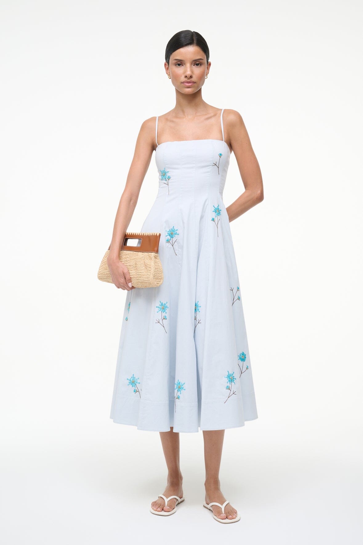 Hand-Beaded Wylie Midi Dress in Cotton Poplin - Dandelion Sky