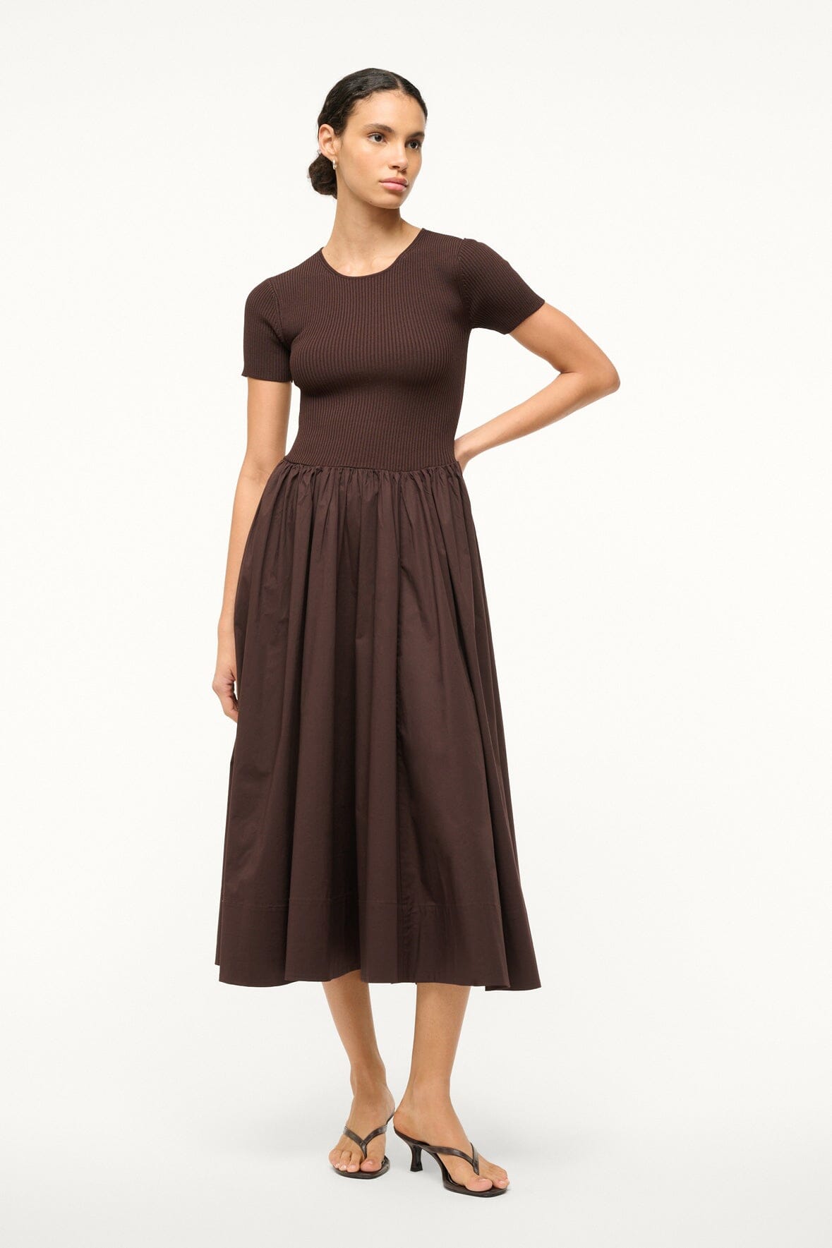 Ysabel Rib Knit Midi Dress with A-Line Poplin Skirt