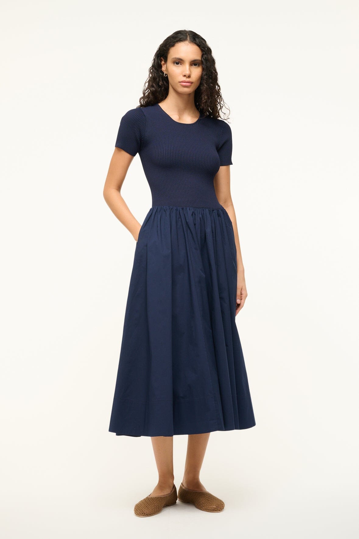 Ysabel Navy Rib Knit Midi Dress with Poplin Skirt