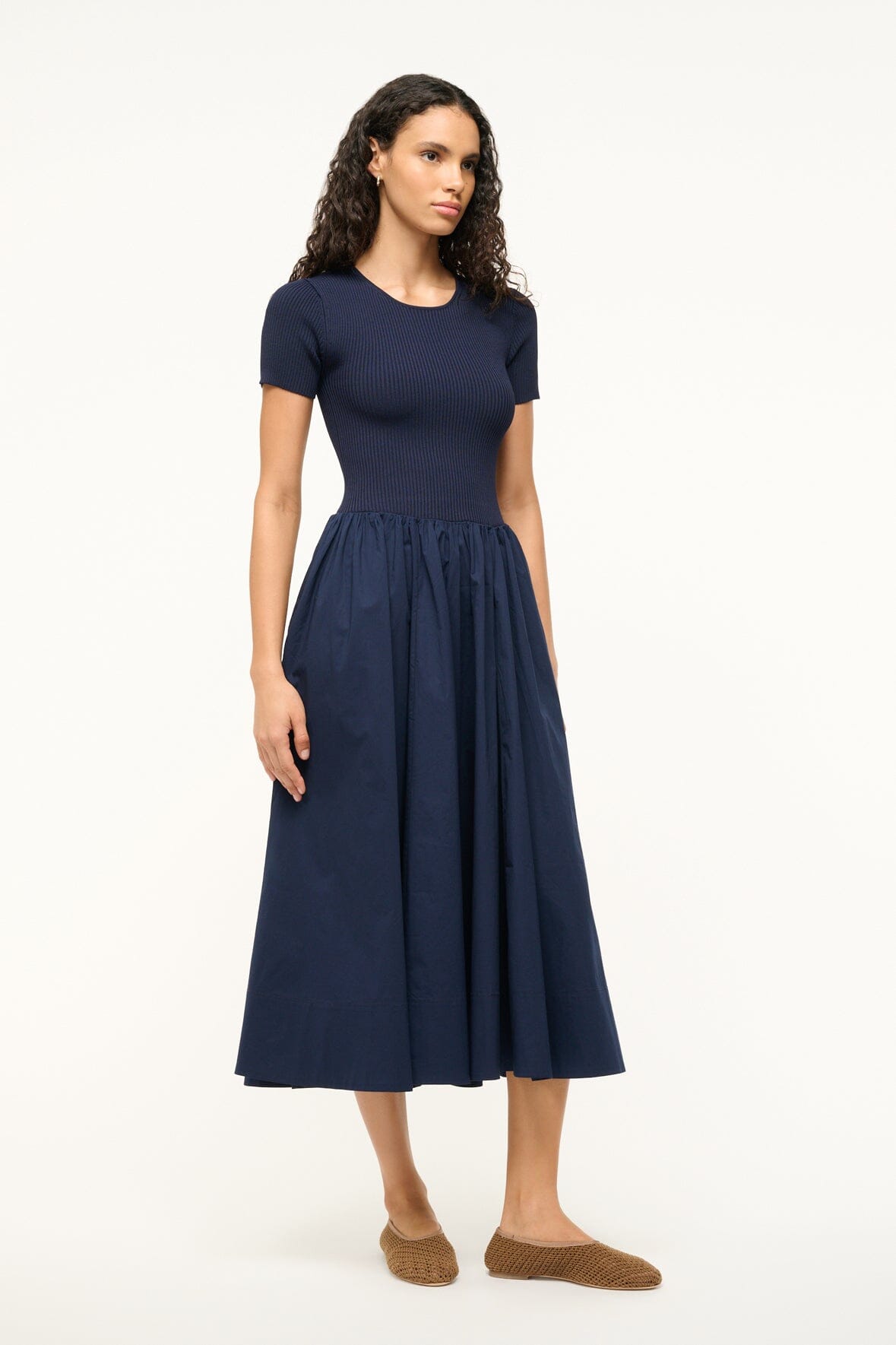 Ysabel Navy Rib Knit Midi Dress with Poplin Skirt