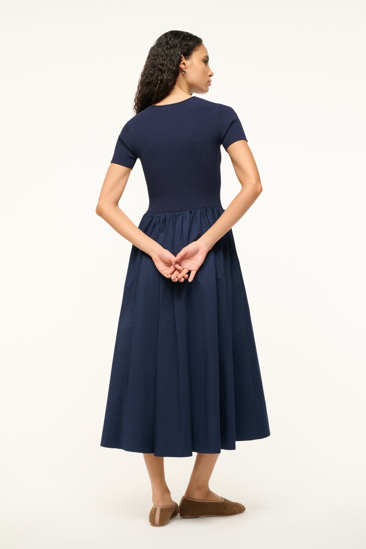 Ysabel Navy Rib Knit Midi Dress with Poplin Skirt