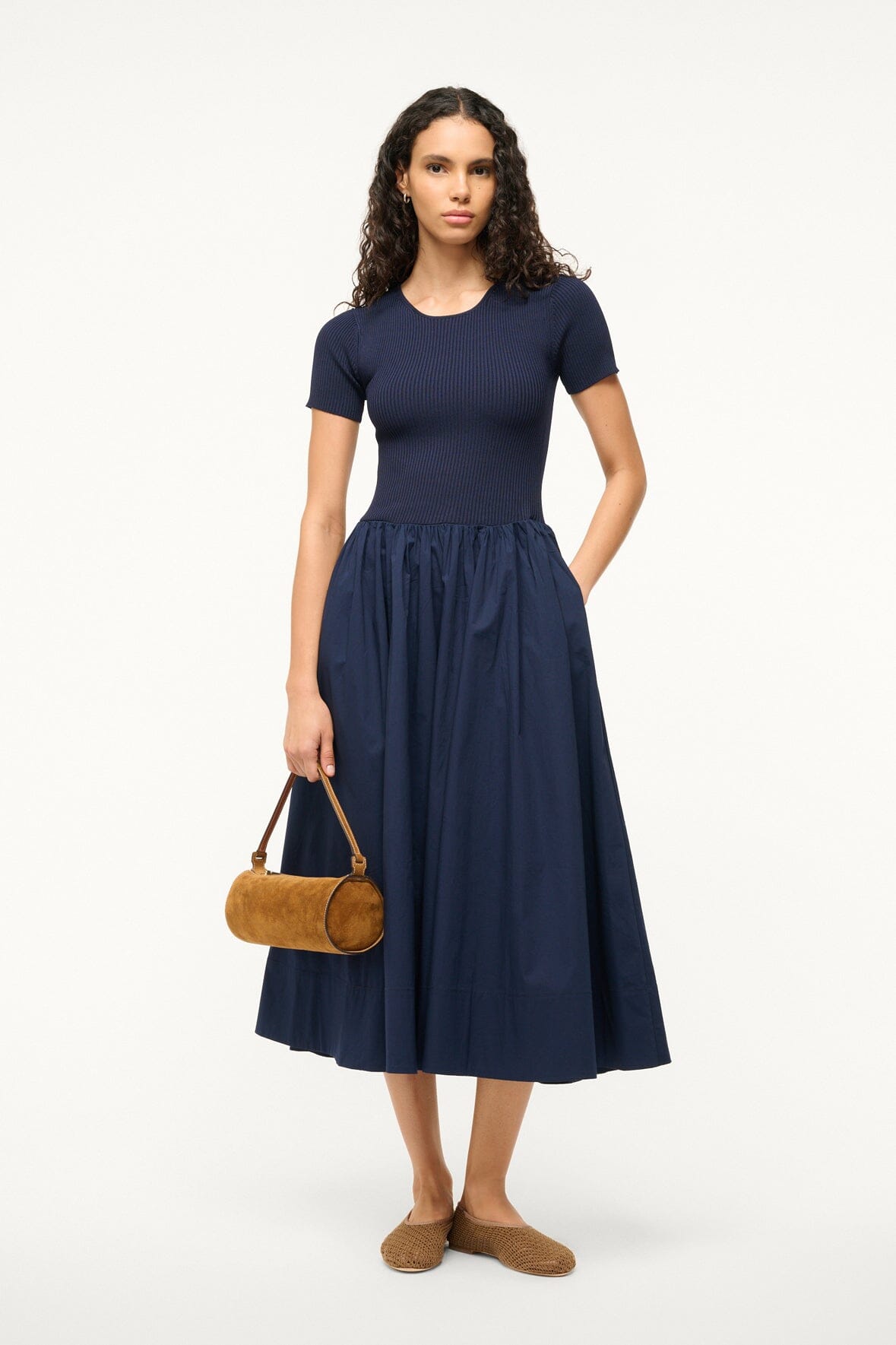 Ysabel Navy Rib Knit Midi Dress with Poplin Skirt