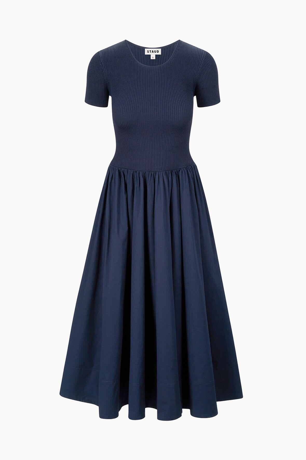 Ysabel Navy Rib Knit Midi Dress with Poplin Skirt