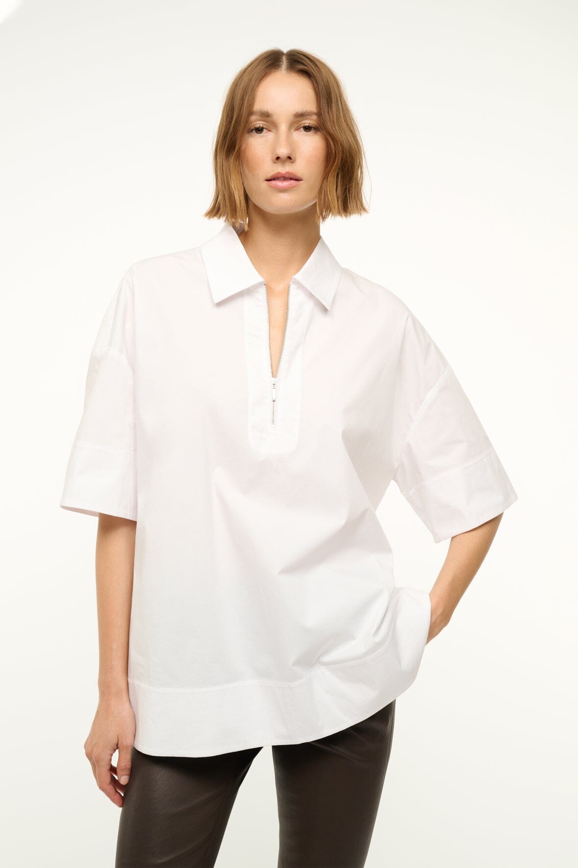 Yvette Oversized Cotton Polo Shirt with 1/4 Zip - White