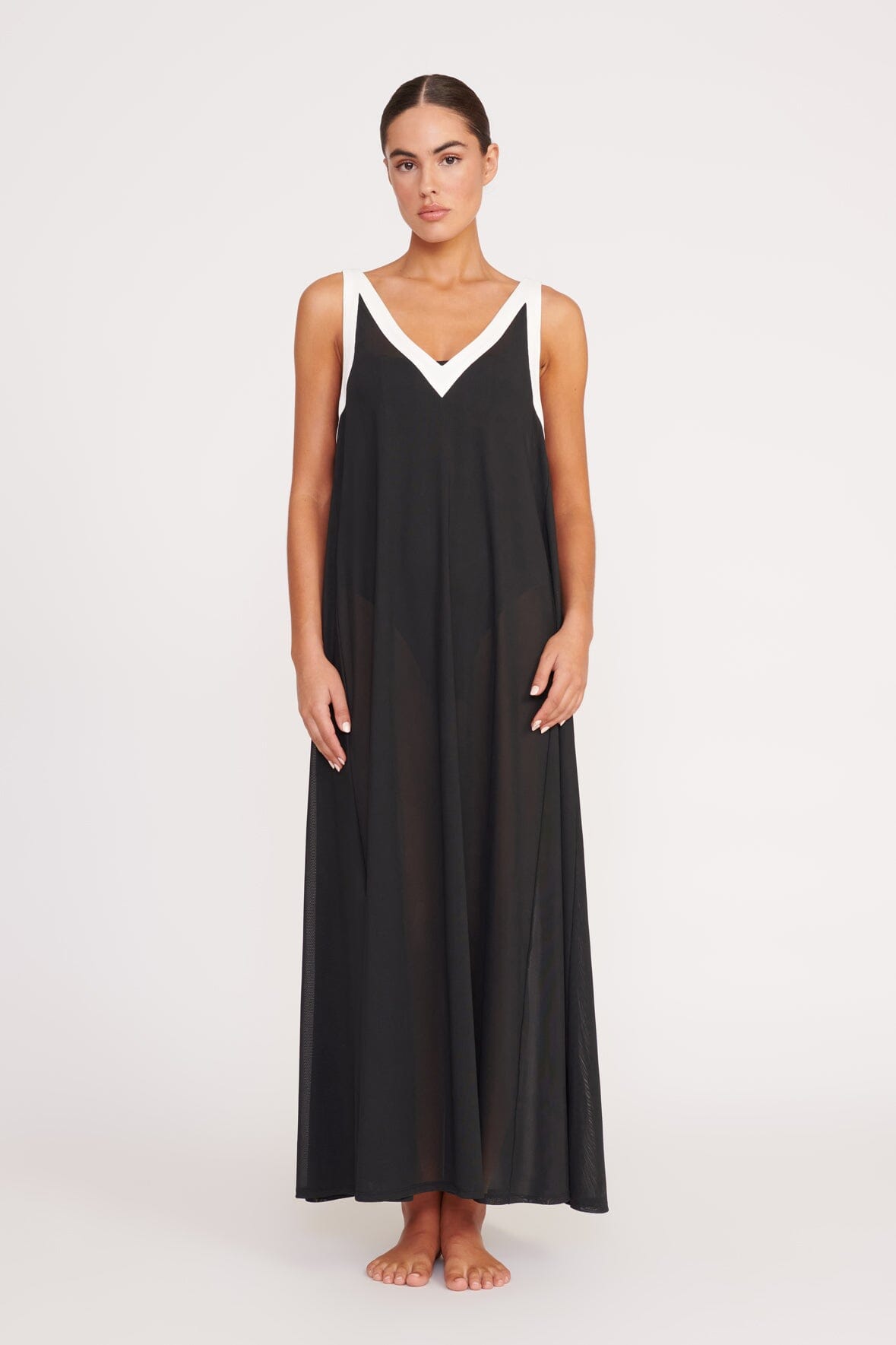 Aveline Stretch Mesh Swim Coverup Dress - Black & White V-Neck