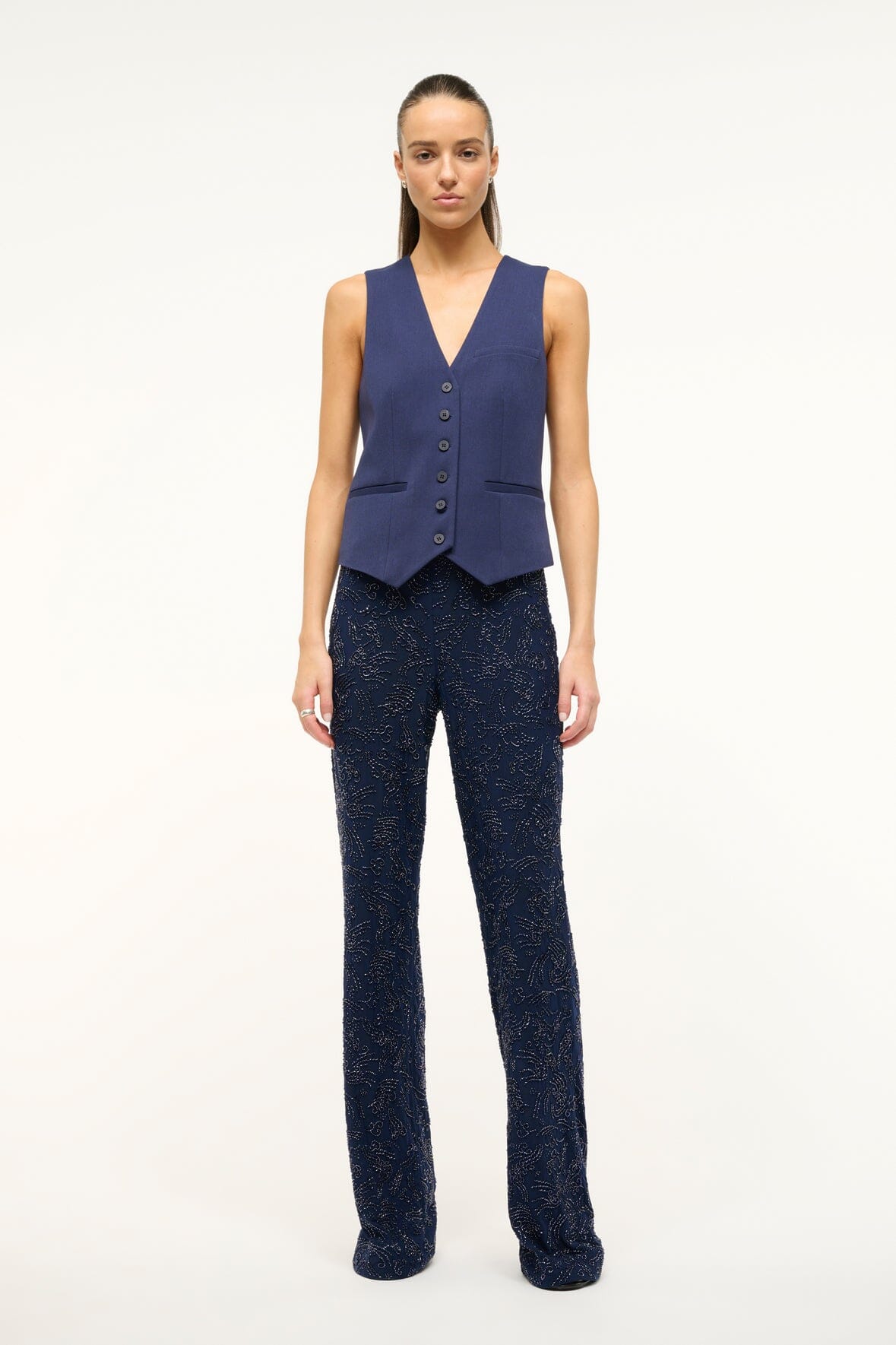 Avola Navy Beaded Straight Leg Pants with Side Zipper