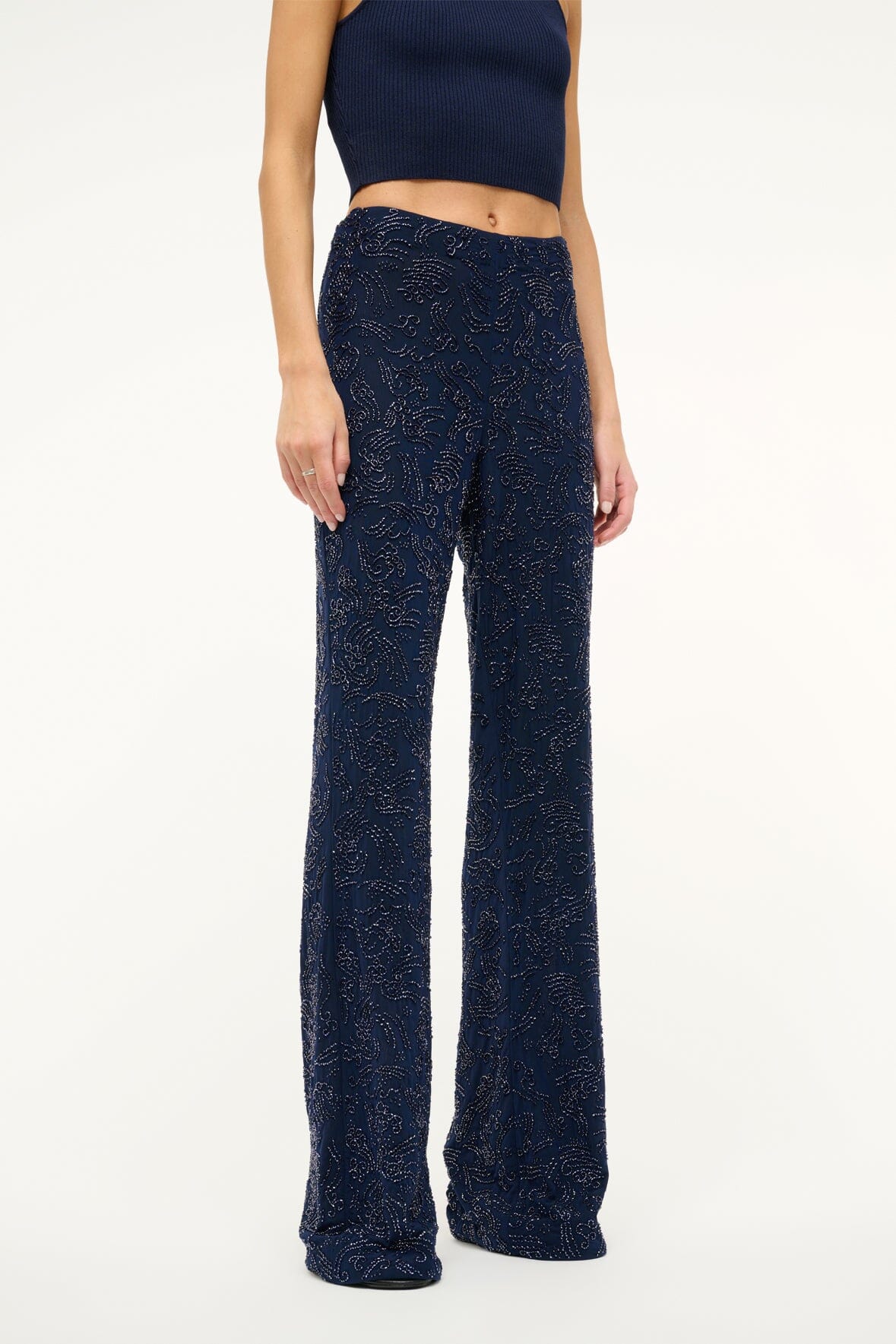 Avola Navy Beaded Straight Leg Pants with Side Zipper