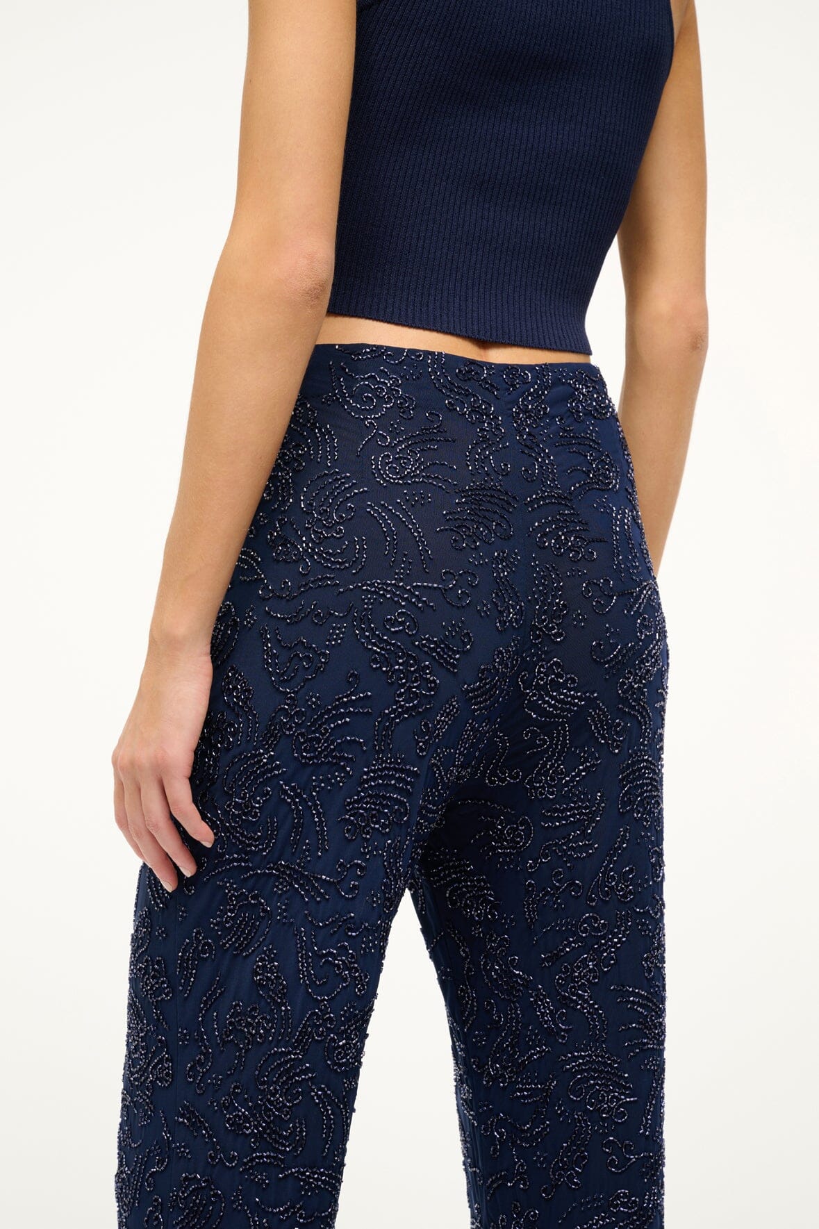 Avola Navy Beaded Straight Leg Pants with Side Zipper
