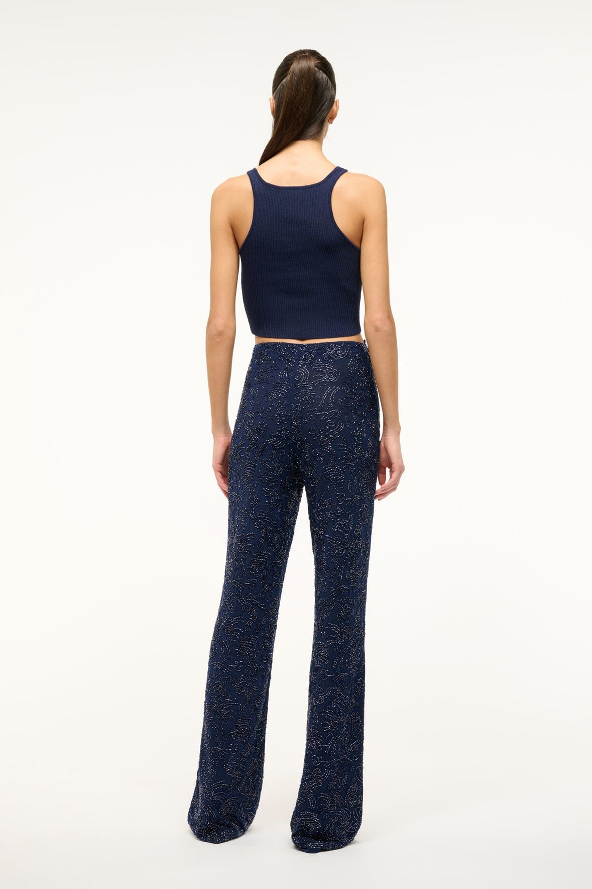 Avola Navy Beaded Straight Leg Pants with Side Zipper