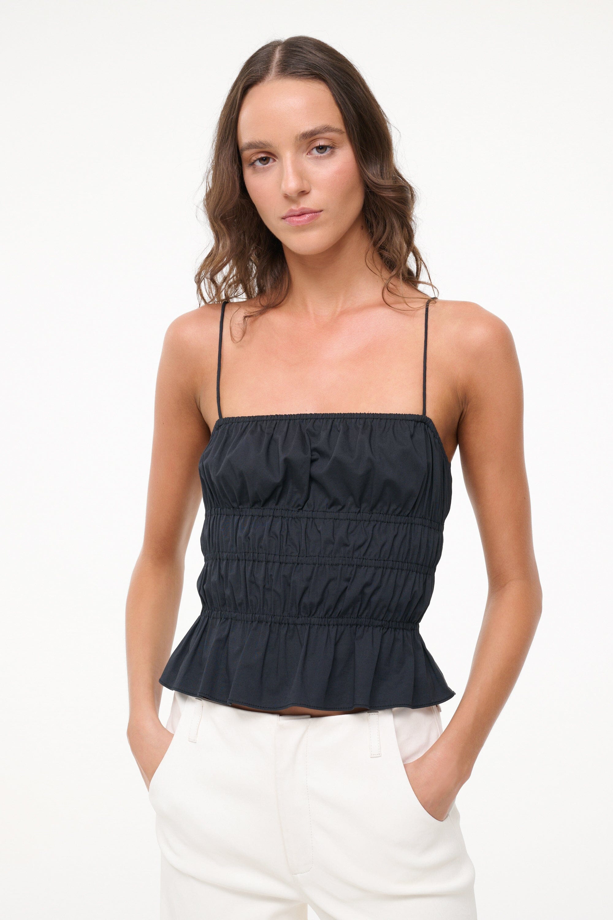 Ayla Black Cotton Poplin Cami Top with Smocked Bodice