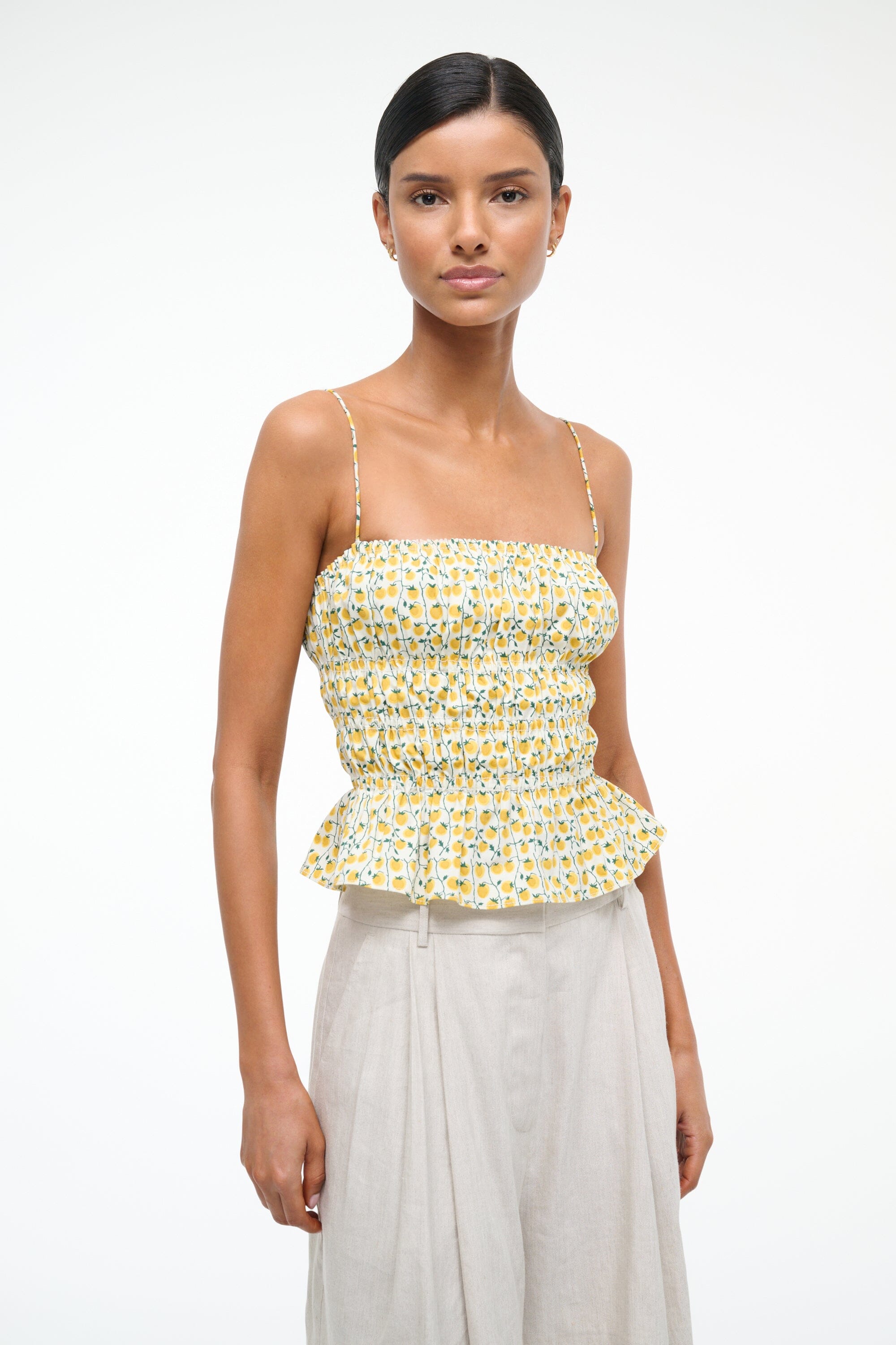 Ayla Cotton Poplin Cami Top with Smocked Bodice - Golden Vine