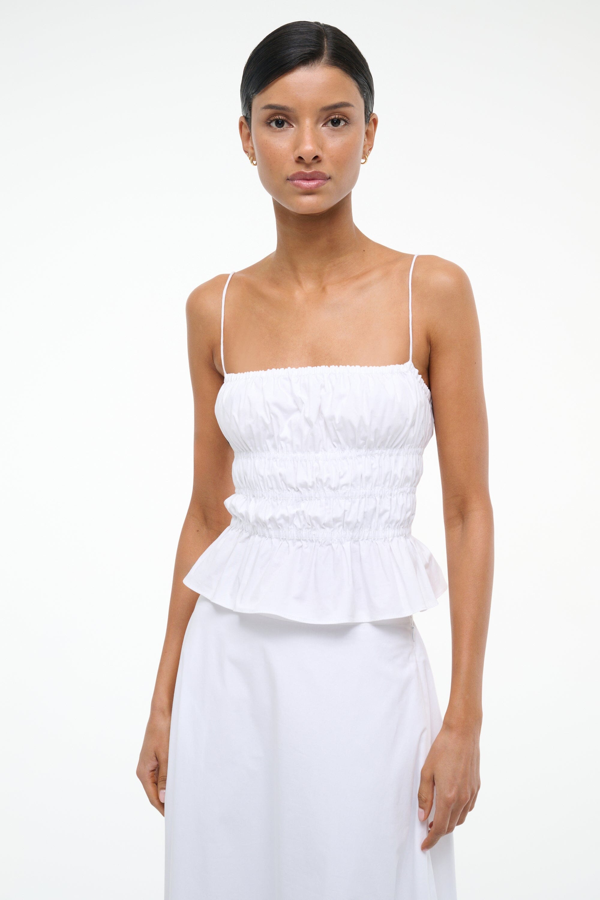 Ayla White Cotton Poplin Cami Top with Smocked Bodice
