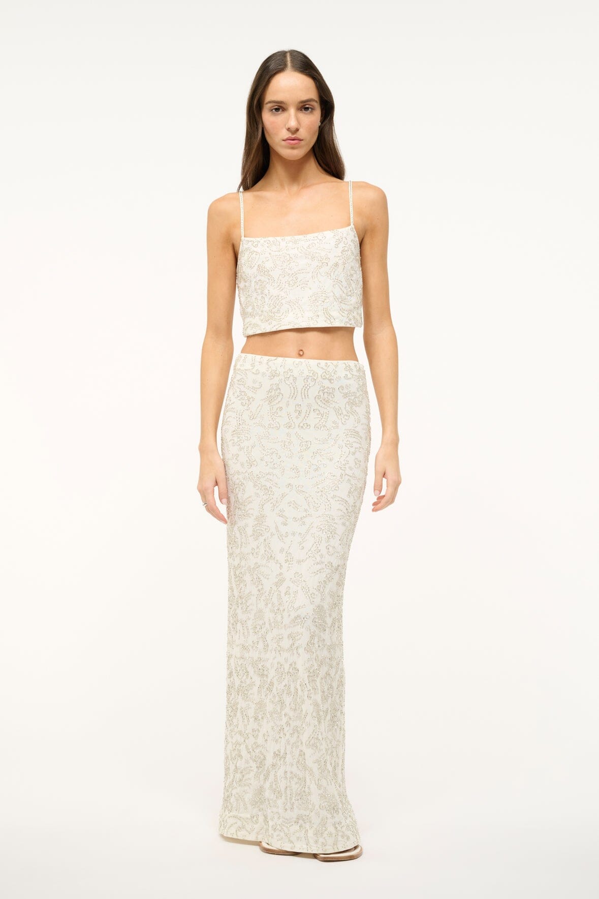 Hand-Beaded Ivory Barletta Maxi Skirt with Back Slit
