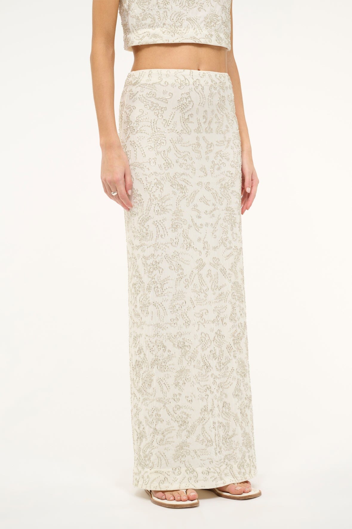 Hand-Beaded Ivory Barletta Maxi Skirt with Back Slit