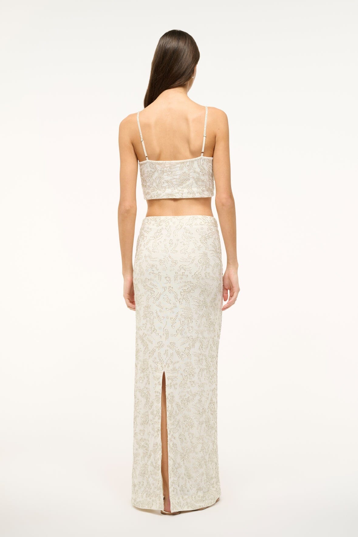 Hand-Beaded Ivory Barletta Maxi Skirt with Back Slit