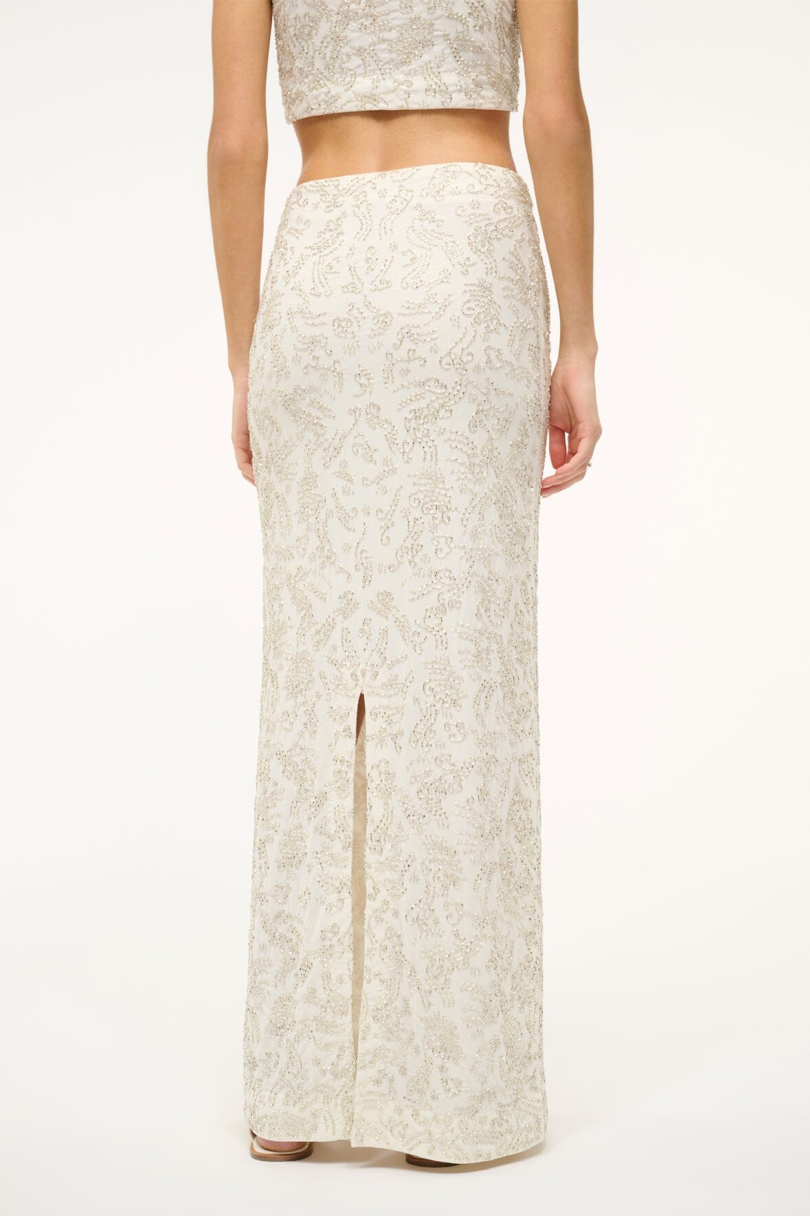 Hand-Beaded Ivory Barletta Maxi Skirt with Back Slit