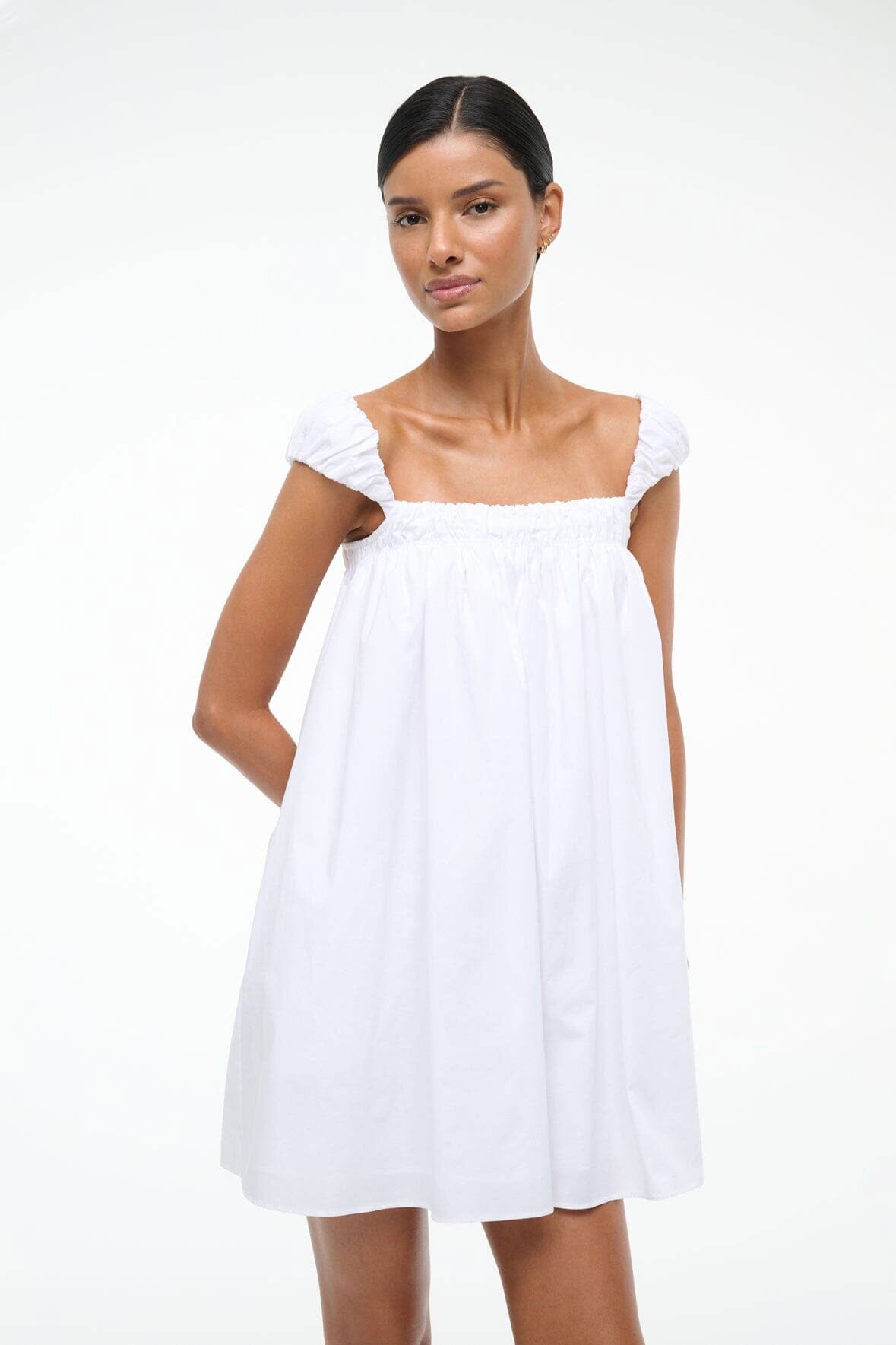 White Mini Babydoll Dress with Ruched Details | Beau Dress