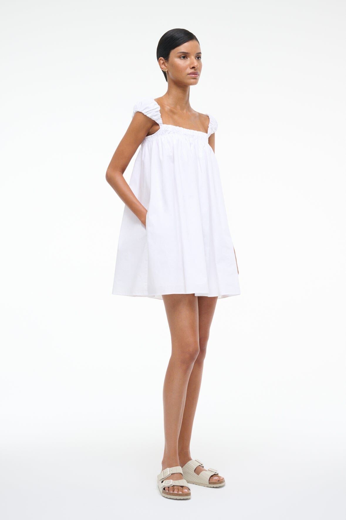 White Mini Babydoll Dress with Ruched Details | Beau Dress
