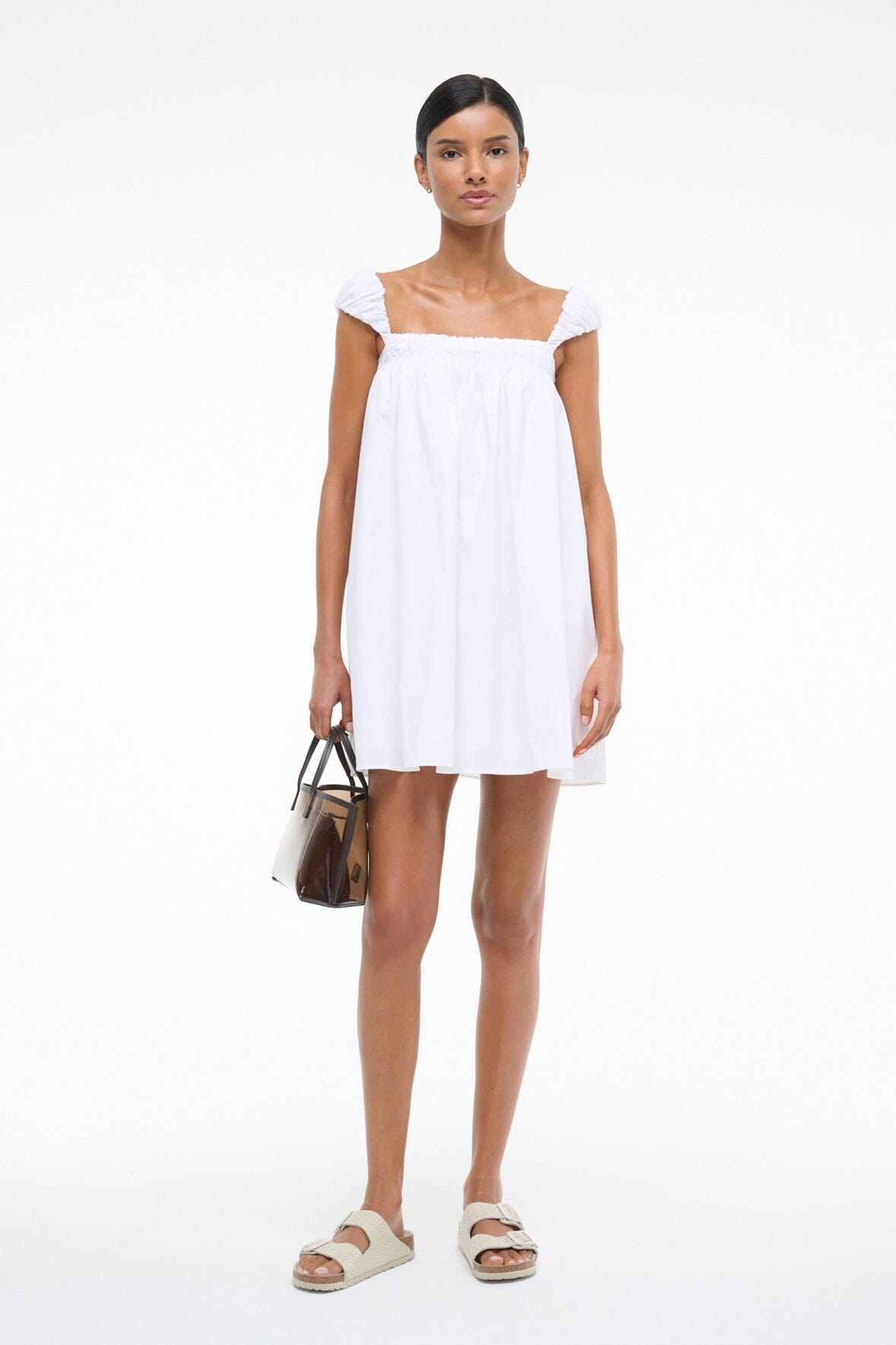 White Mini Babydoll Dress with Ruched Details | Beau Dress