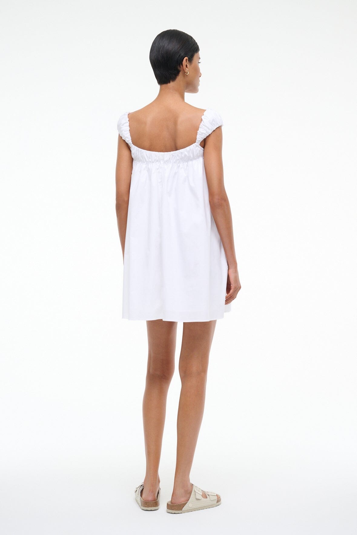 White Mini Babydoll Dress with Ruched Details | Beau Dress