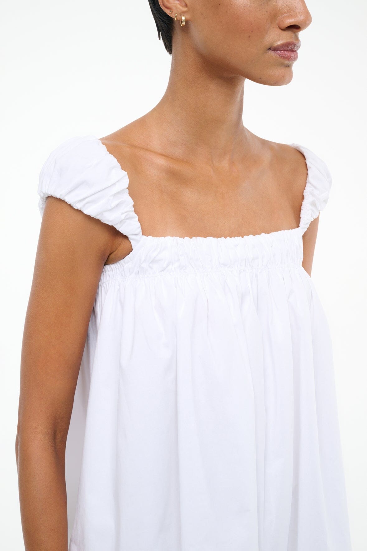 White Mini Babydoll Dress with Ruched Details | Beau Dress