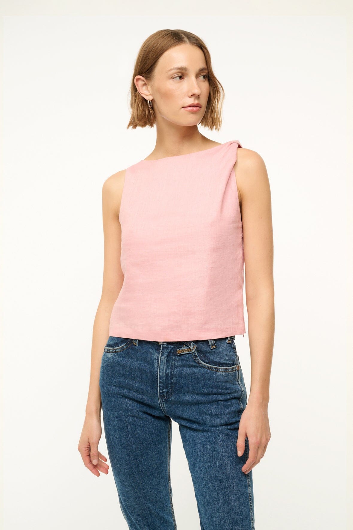 Boat Neck Linen Top with Twist Detail in Faded Blush