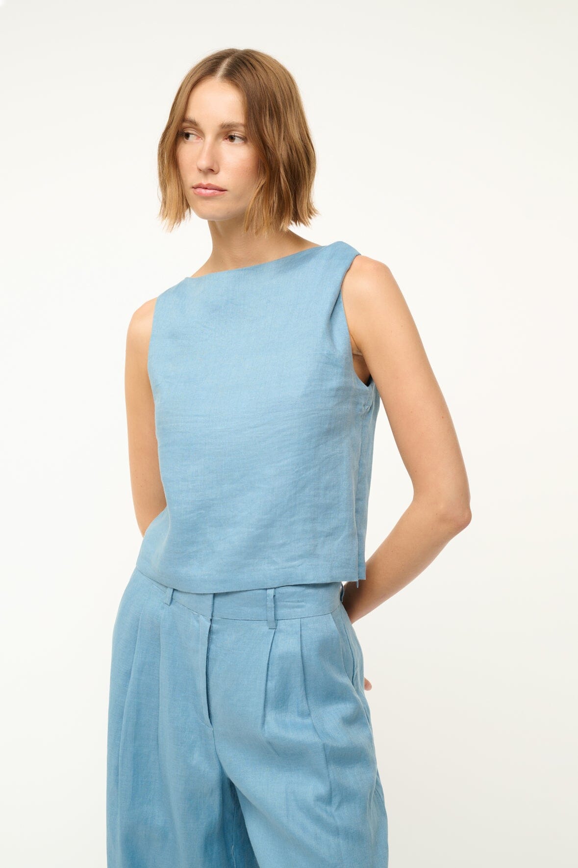 Boat Neck Linen Top in Slate Blue with Shoulder Twist Detail