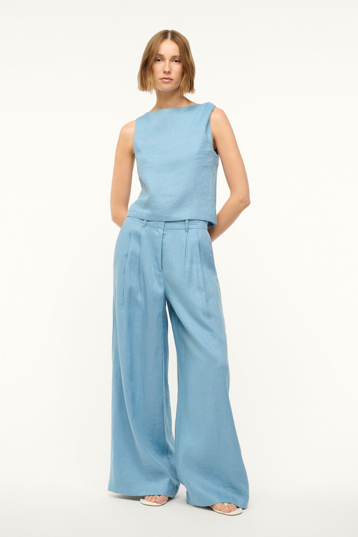 Boat Neck Linen Top in Slate Blue with Shoulder Twist Detail