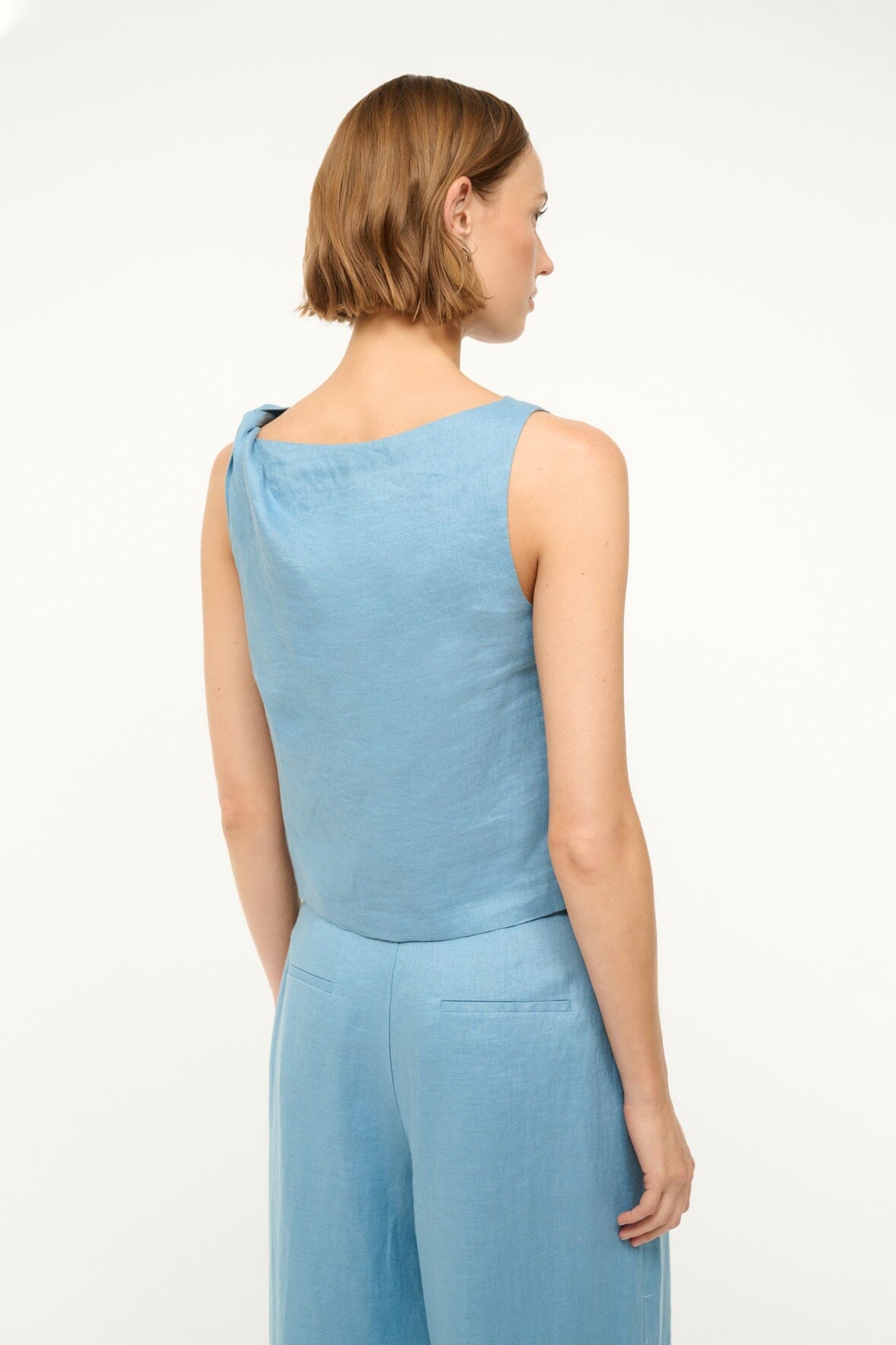 Boat Neck Linen Top in Slate Blue with Shoulder Twist Detail