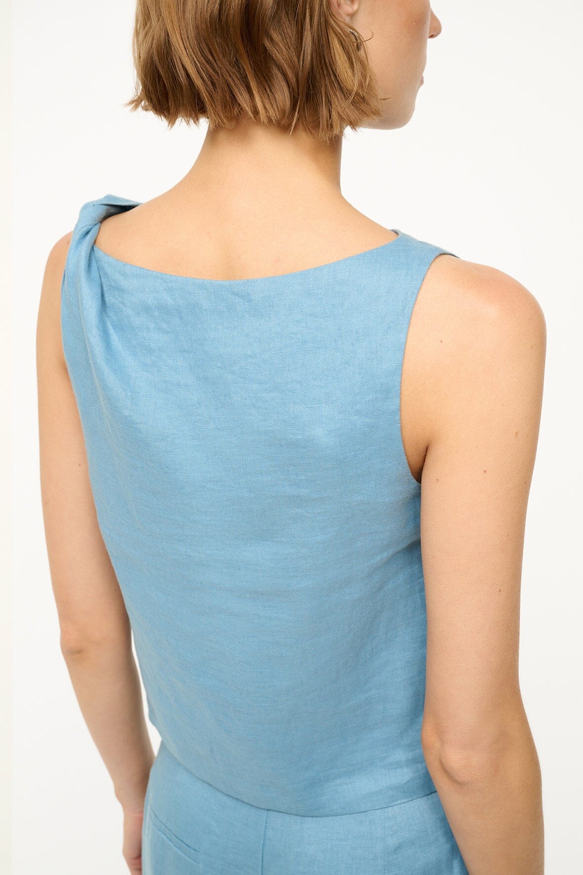 Boat Neck Linen Top in Slate Blue with Shoulder Twist Detail