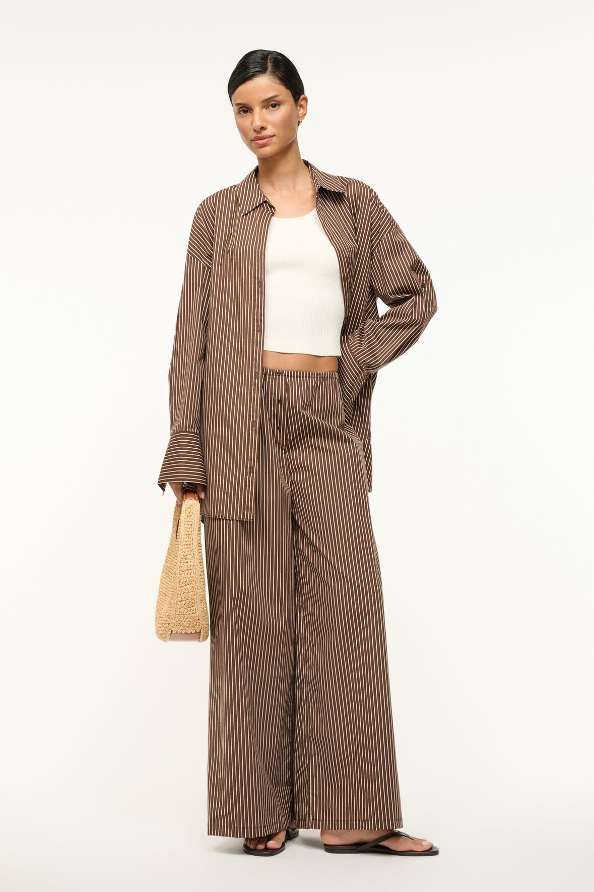 Bonfire Wide Leg Cotton Poplin Pants - Dark Oak Micro Stripe
